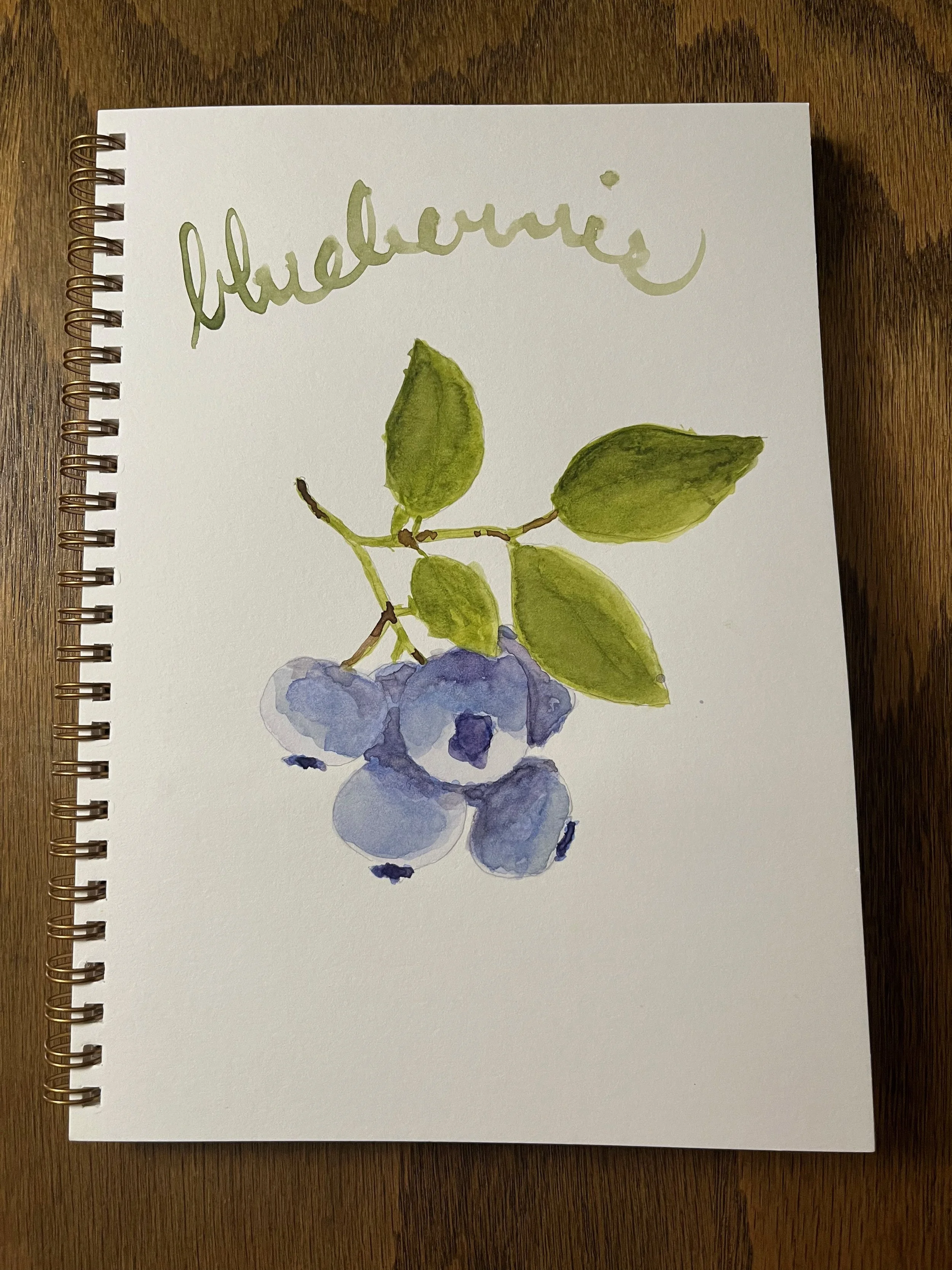 Watercolor painting of a bunch of blueberries with green leaves and the word "blueberries" written at the top.