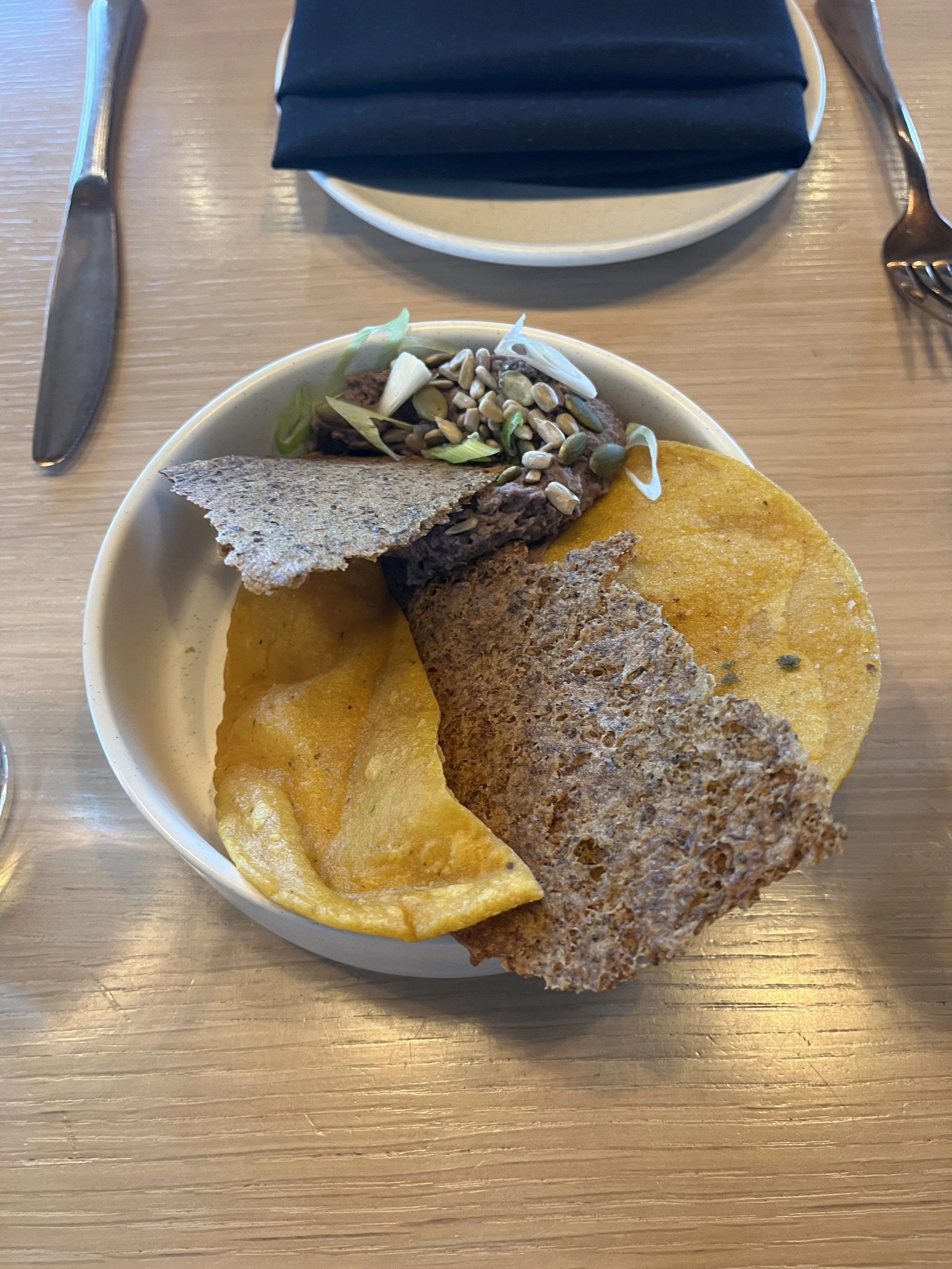 A bowl of chilaquiles topped with sunflower seeds, served with crispy tortillas and garnished with green onions.