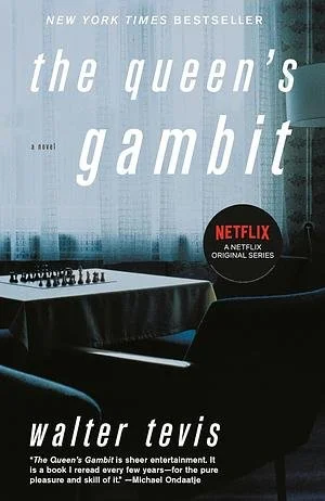 Book cover for 'The Queen's Gambit' by Walter Tevis, featuring a dimly lit room with a chessboard on a table and a chair in the background.