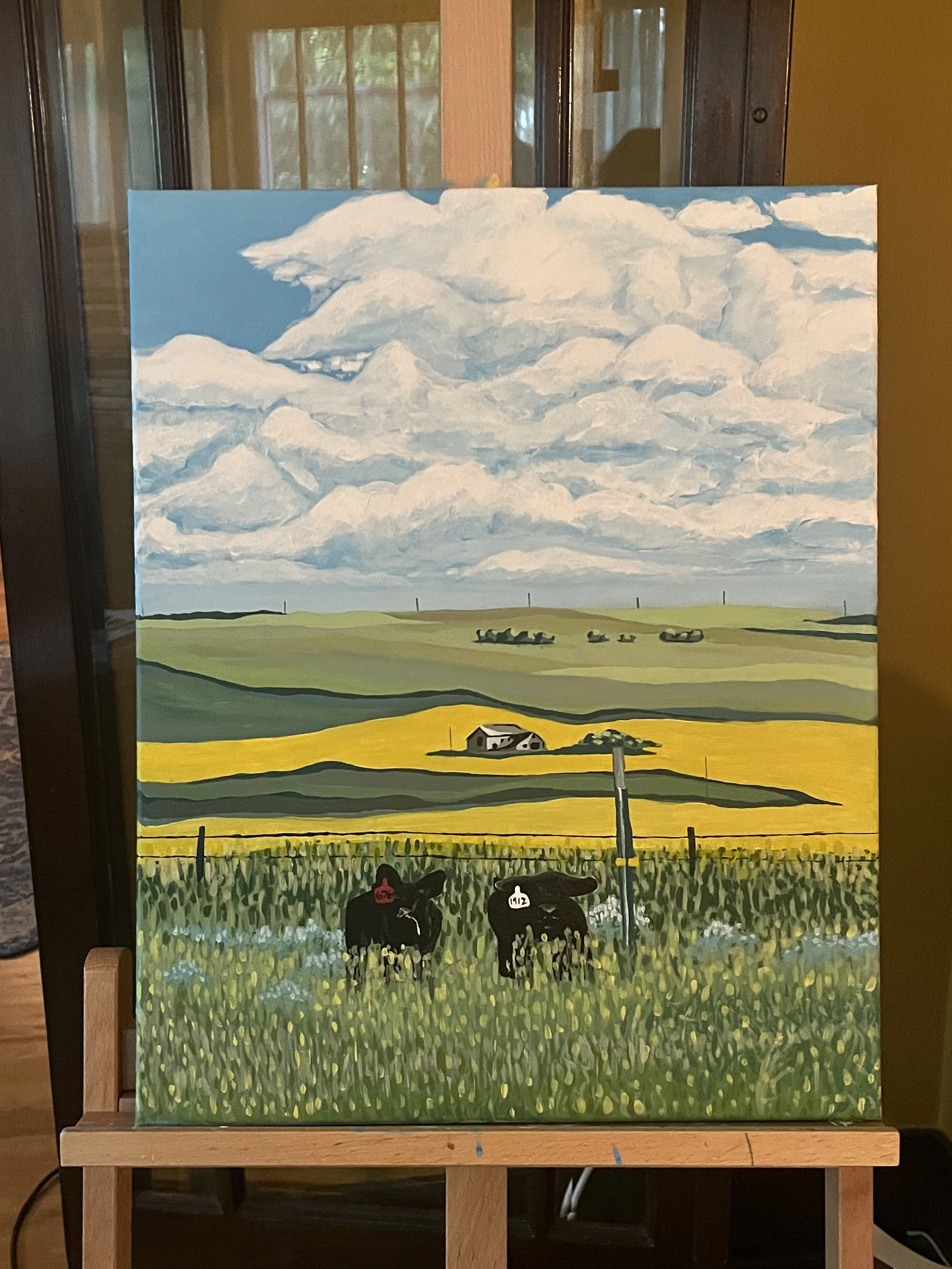 A landscape painting of a rural scene with green fields, yellow crops, a farmhouse, and cows in a grassy field, under a cloudy sky with large white clouds.