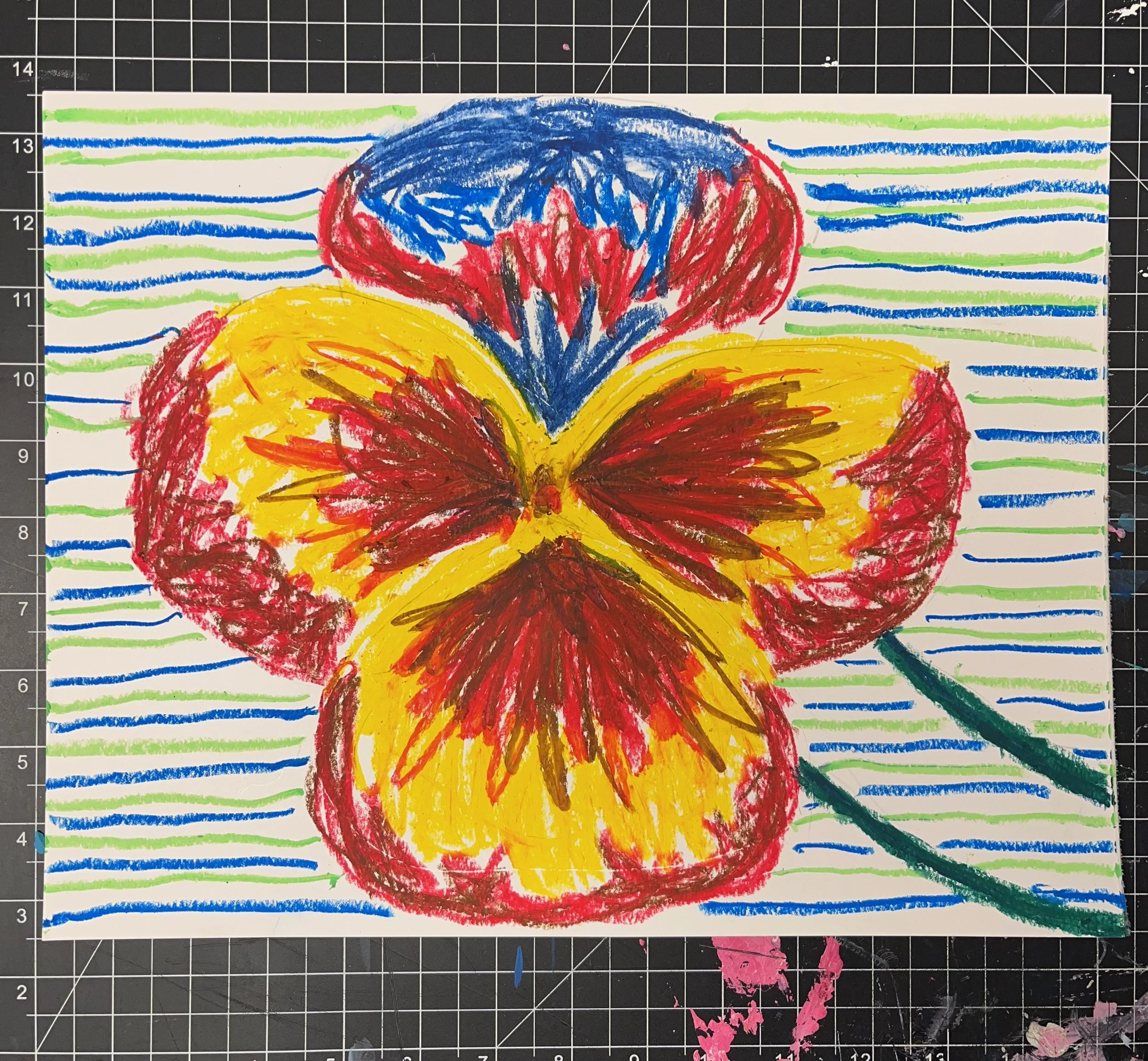 Colorful abstract drawing of a butterfly with red, yellow, blue, and black strokes, set against a striped background of green, blue, and white.