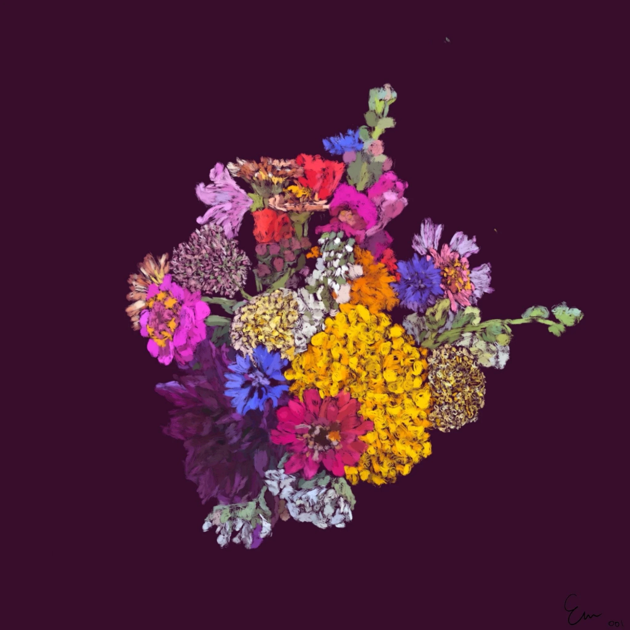 Colorful bouquet of various flowers against a dark background.