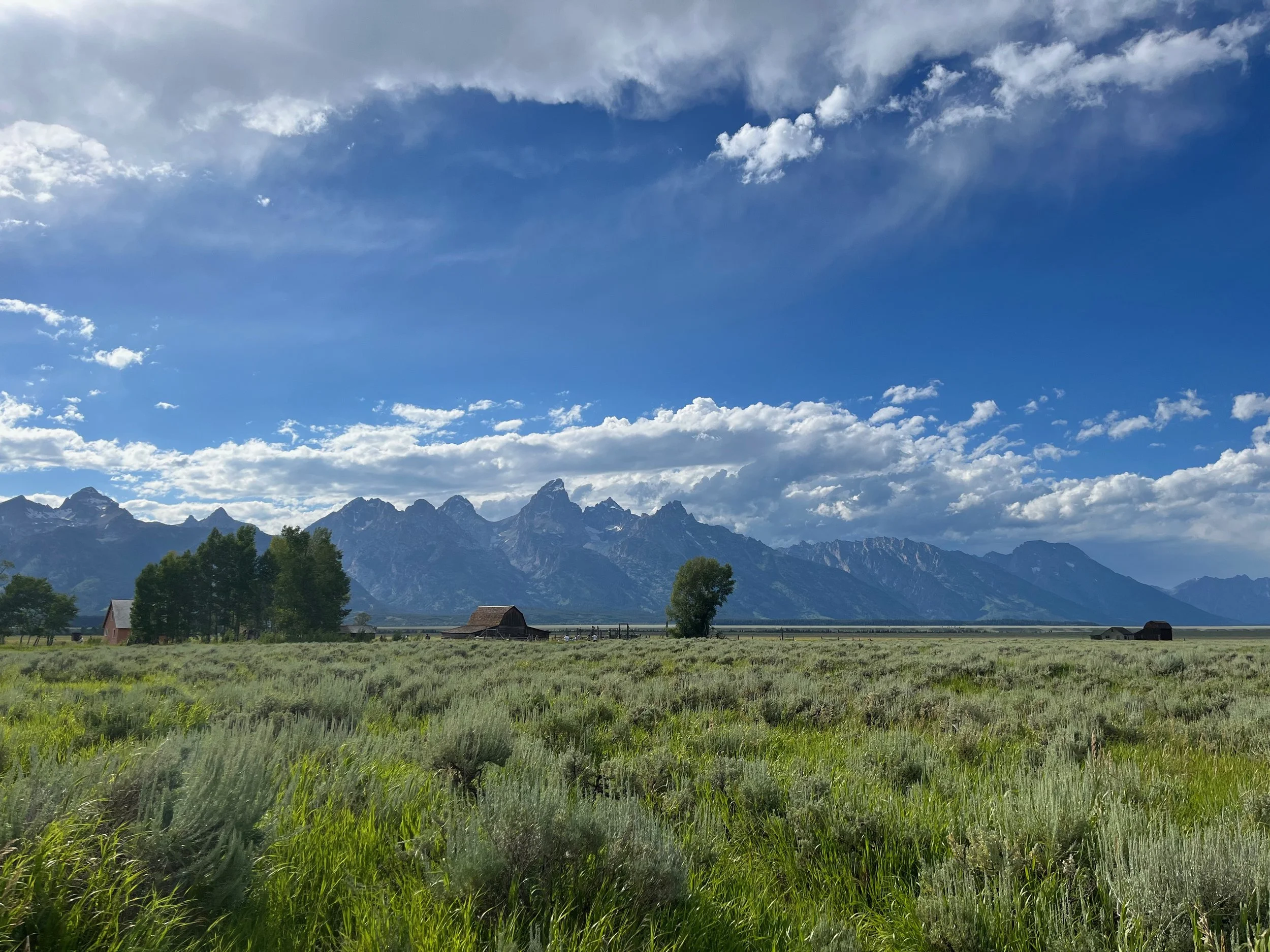 Scenic landscape of mountains, blue sky with scattered clouds, green fields, and trees with farm buildings.