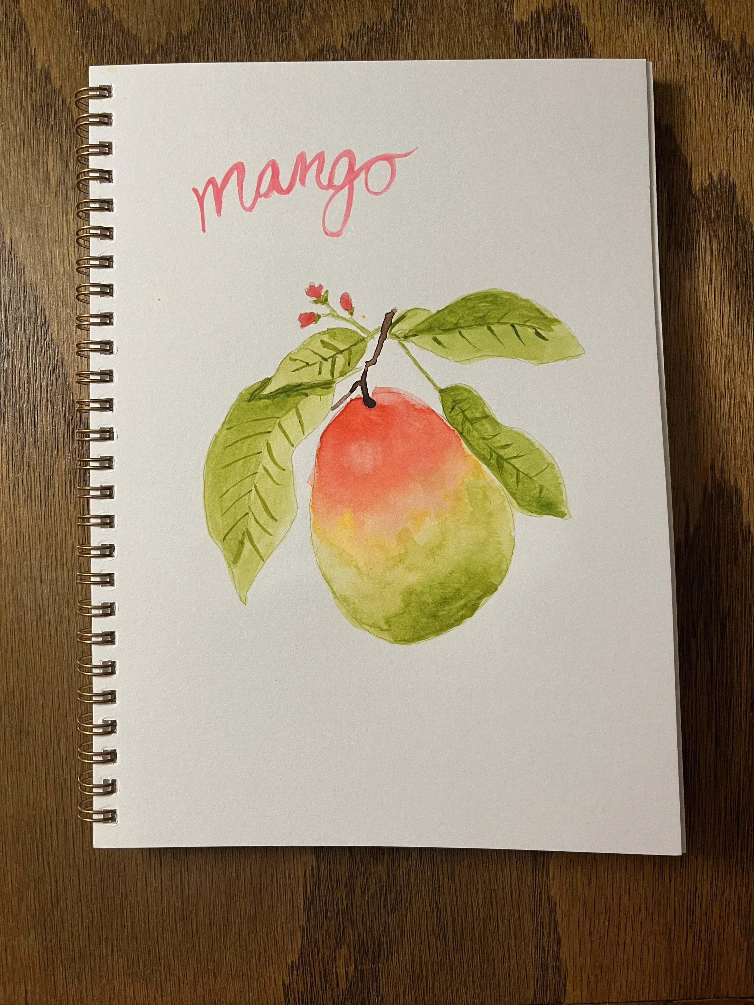 A watercolor illustration of a mango hanging from a branch with green leaves, with the word "mango" written in pink above.
