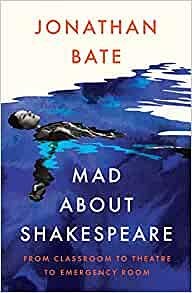 Book cover of 'Mad About Shakespeare' by Jonathan Bate, depicting a person lying on a floatation device in a pool with abstract water design.