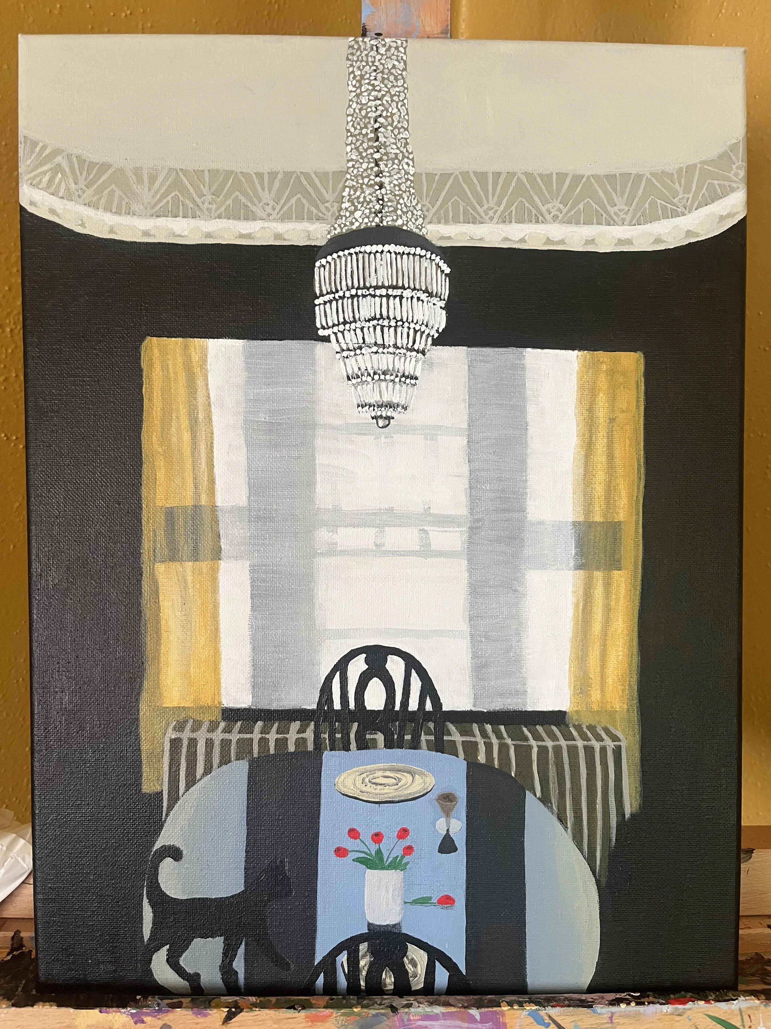 Painting of a dining room scene with a chandelier hanging from the ceiling, a window with yellow curtains, a round table with a blue tablecloth, a white vase with red flowers, and a black cat.