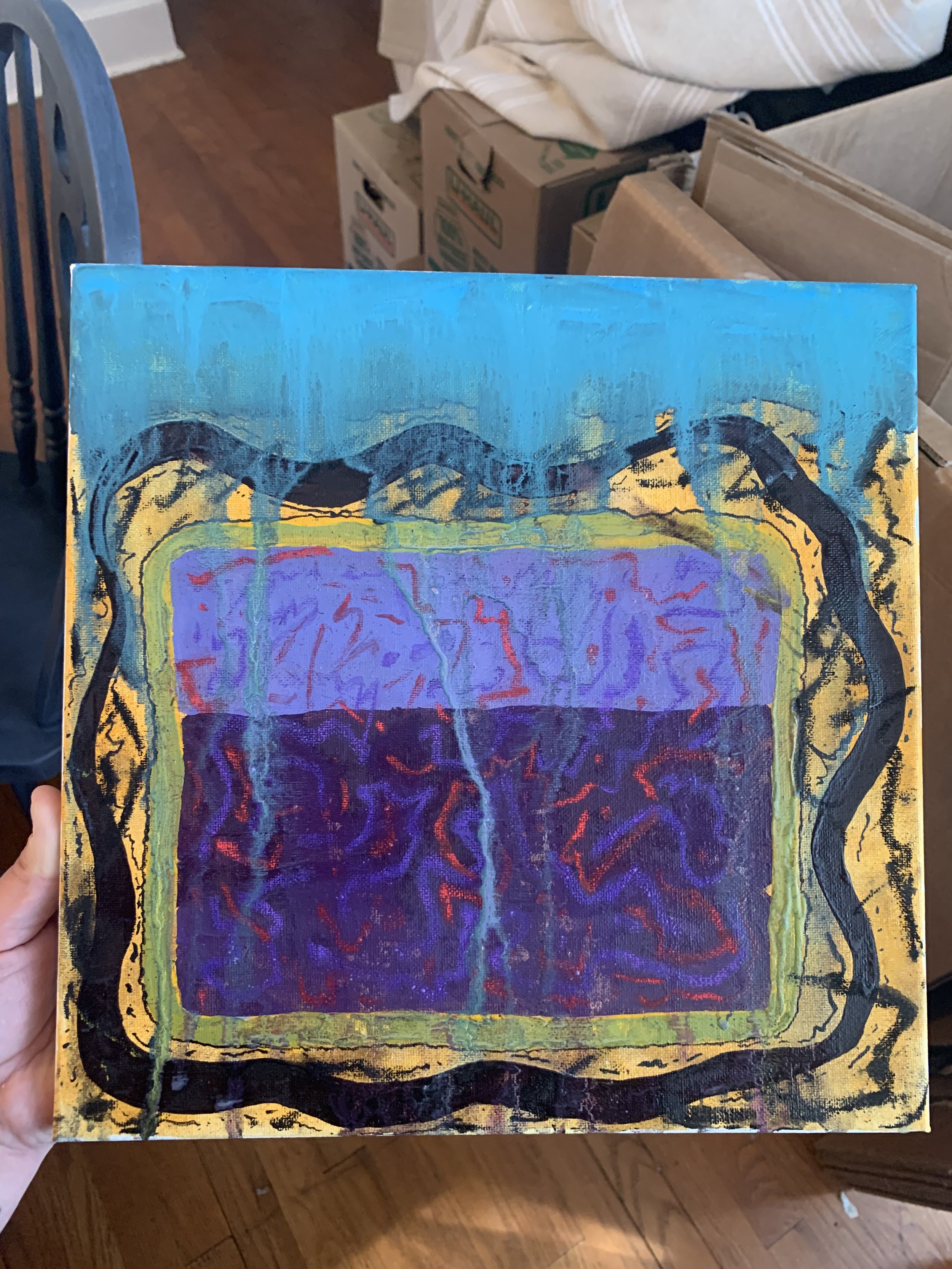 Abstract colorful painting with blue, purple, yellow, and black swirls and lines.