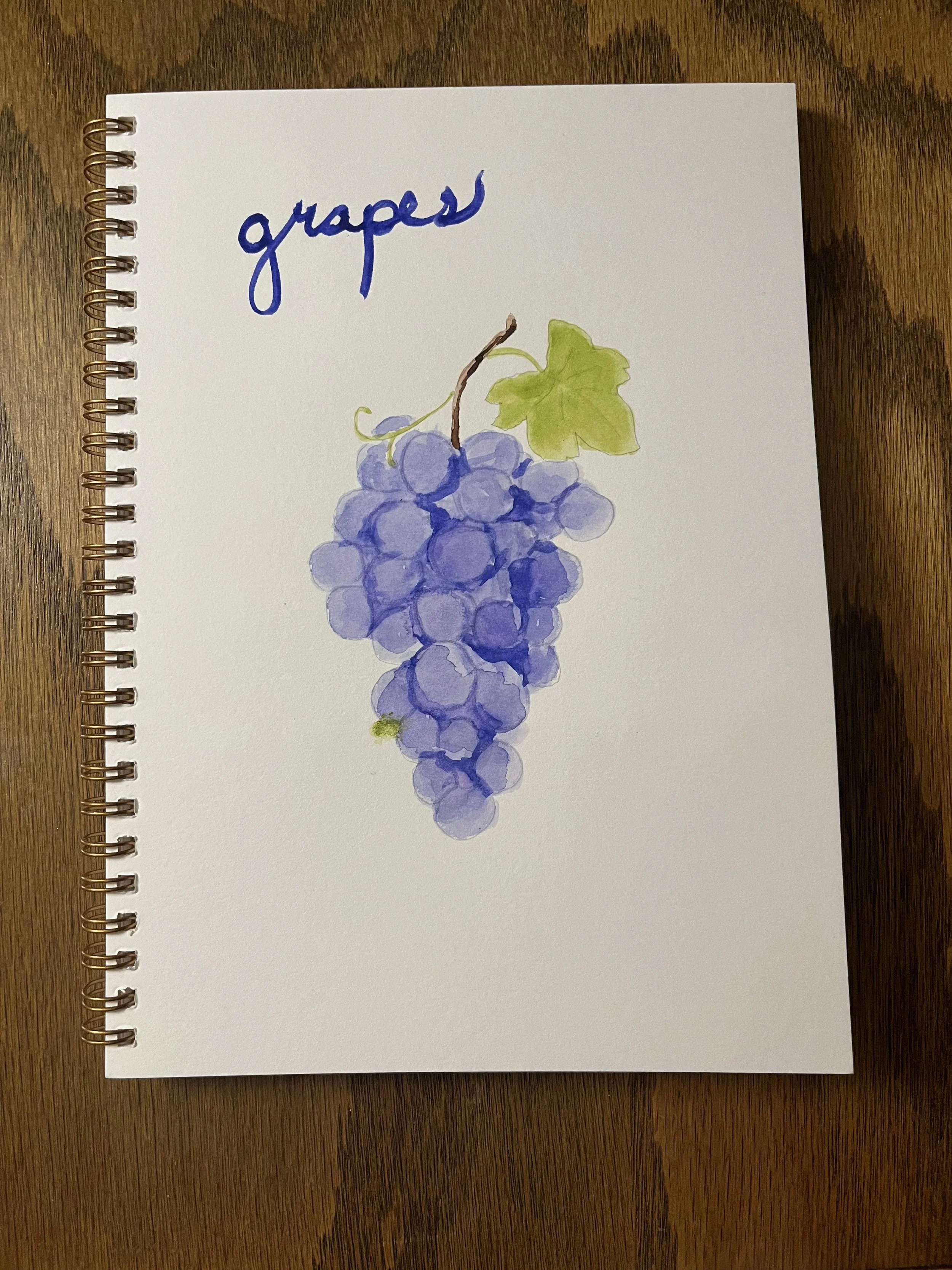 A sketch of a bunch of purple grapes with a green leaf on a white notebook page. The word 'grapes' is written in blue handwriting at the top.