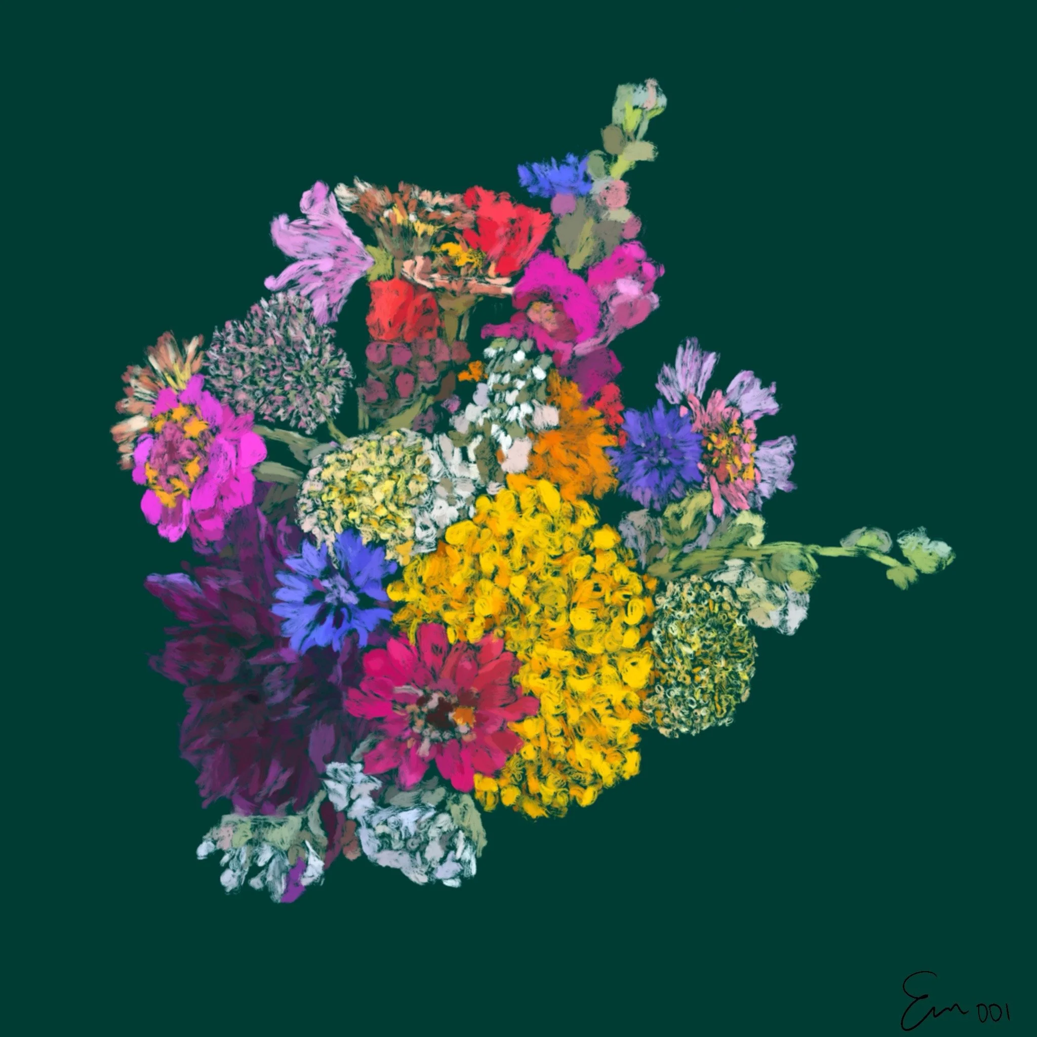 Colorful bouquet of various flowers against a dark background.