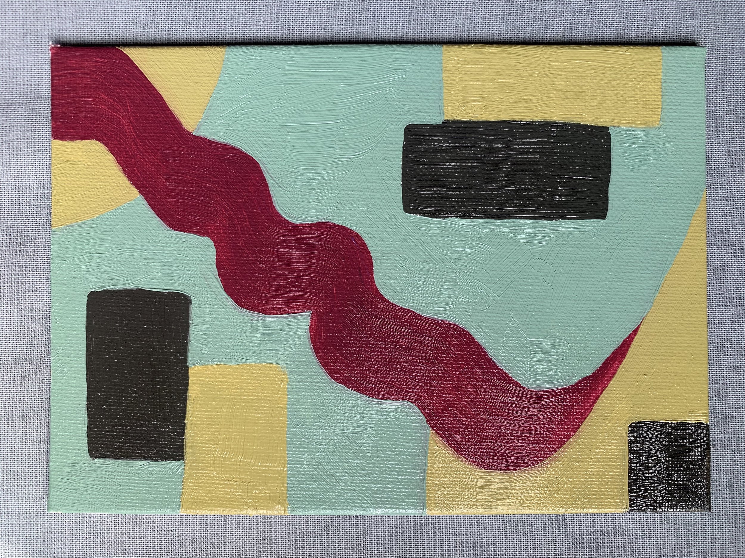 Abstract painting with a red wavy line running diagonally across a background of light green, black, and yellow shapes.