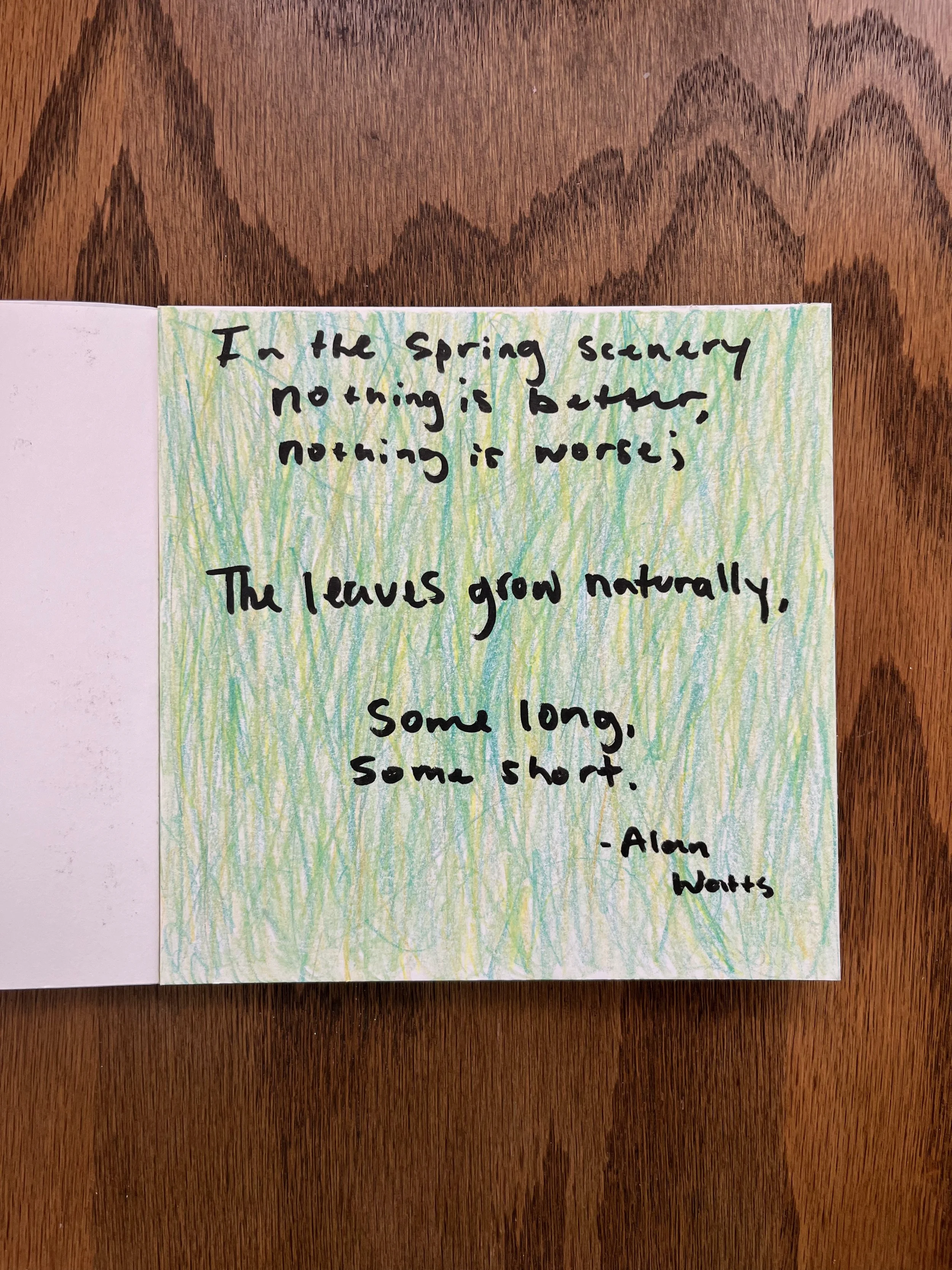 A handwritten quote on a attractively decorated page with multicolored scribbles in the background. The quote reads: "In the spring scenery nothing is better, nothing is worse. The leaves grow naturally, some long, some short. - Alan Watts."