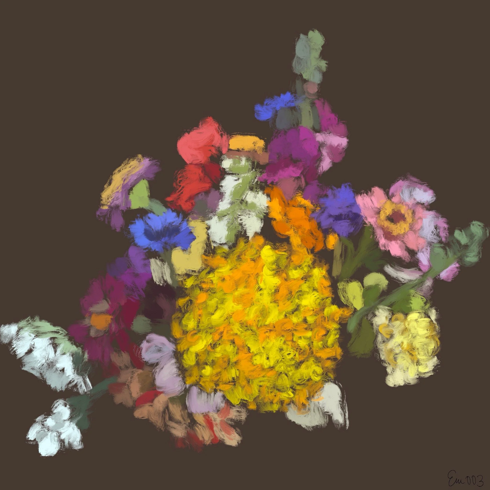 Abstract painting of a colorful flower bouquet on a dark background with a mix of purple, pink, yellow, white, red, orange, and green hues.