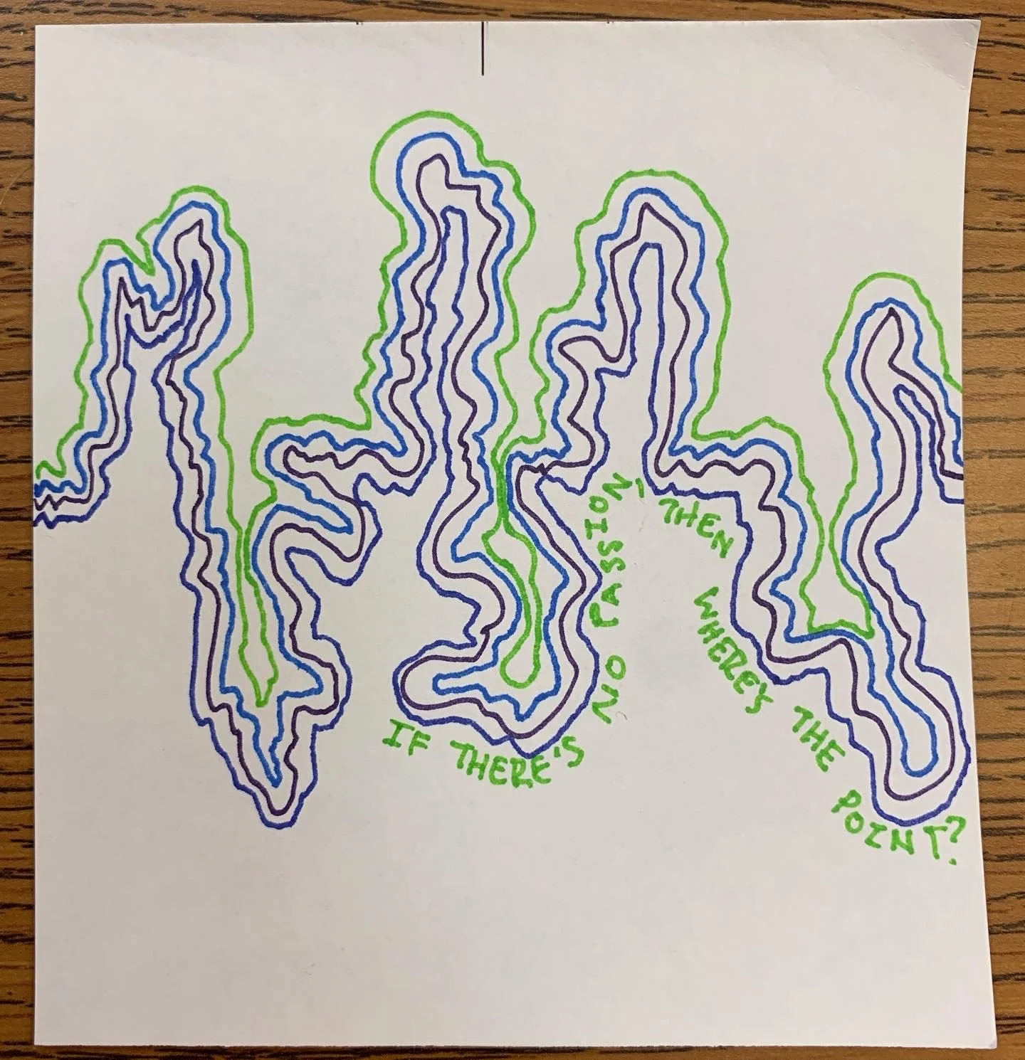 Colorful contour map with the quote, "If there's no destination, then where the point?" written along the curves.