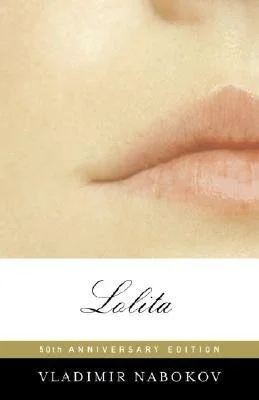 Close-up of lips with a book cover titled 'Lolita' by Vladimir Nabokov in the background.
