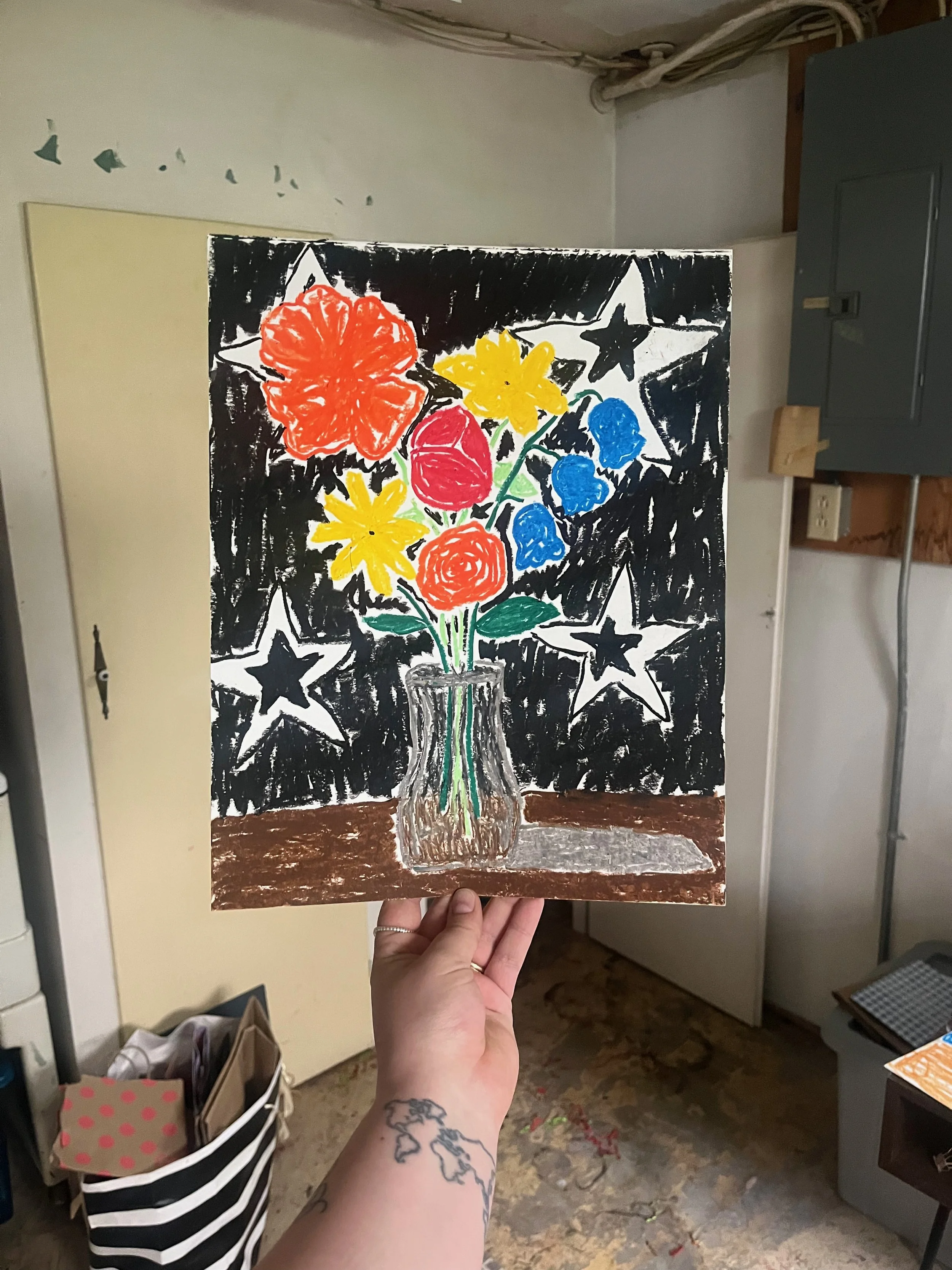 A colorful drawing of a flower bouquet in a glass vase, with a black background decorated with white stars.