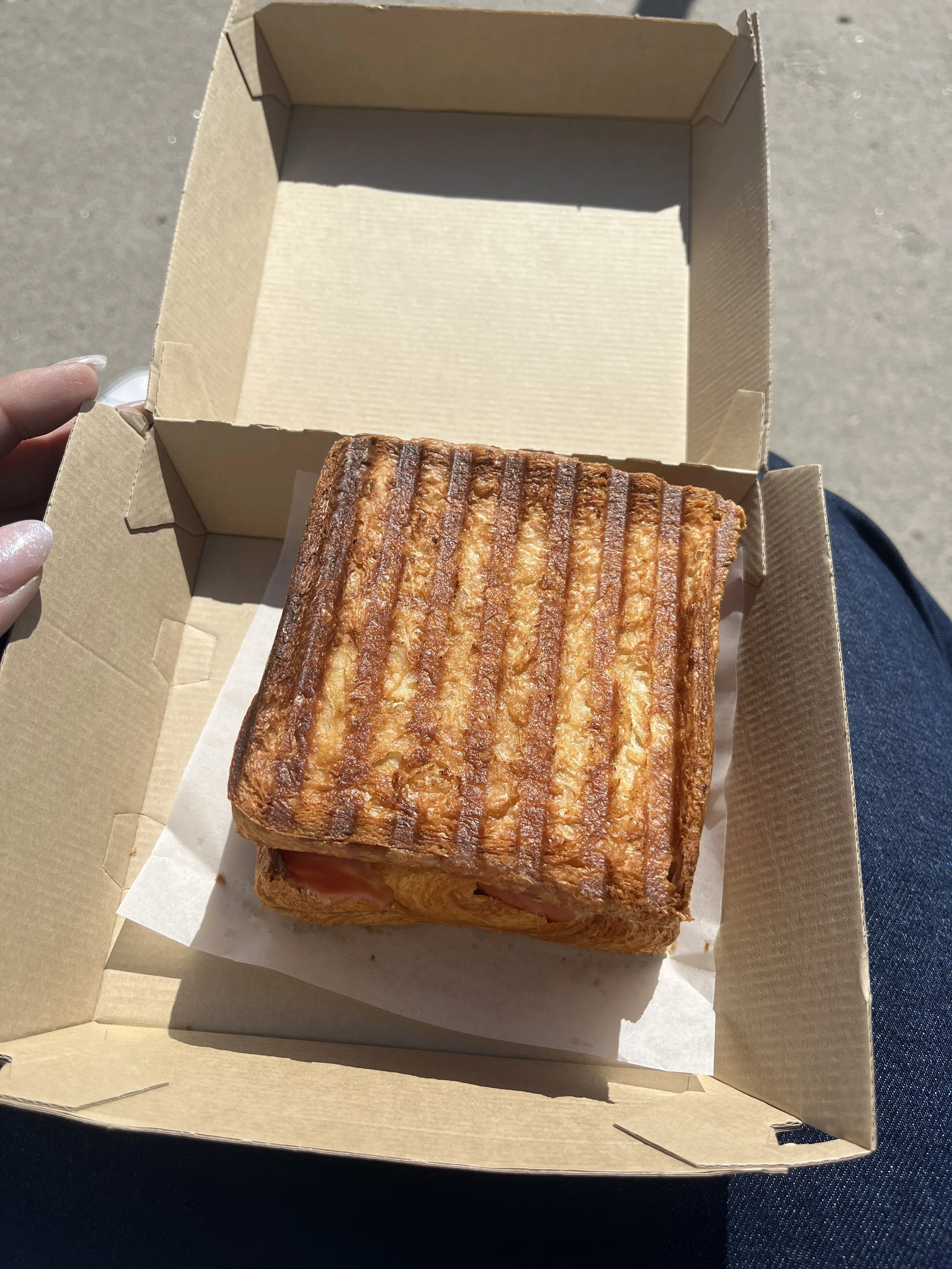 A grilled sandwich with visible layers of ham and cheese in a cardboard box, outdoors on a sunny day.