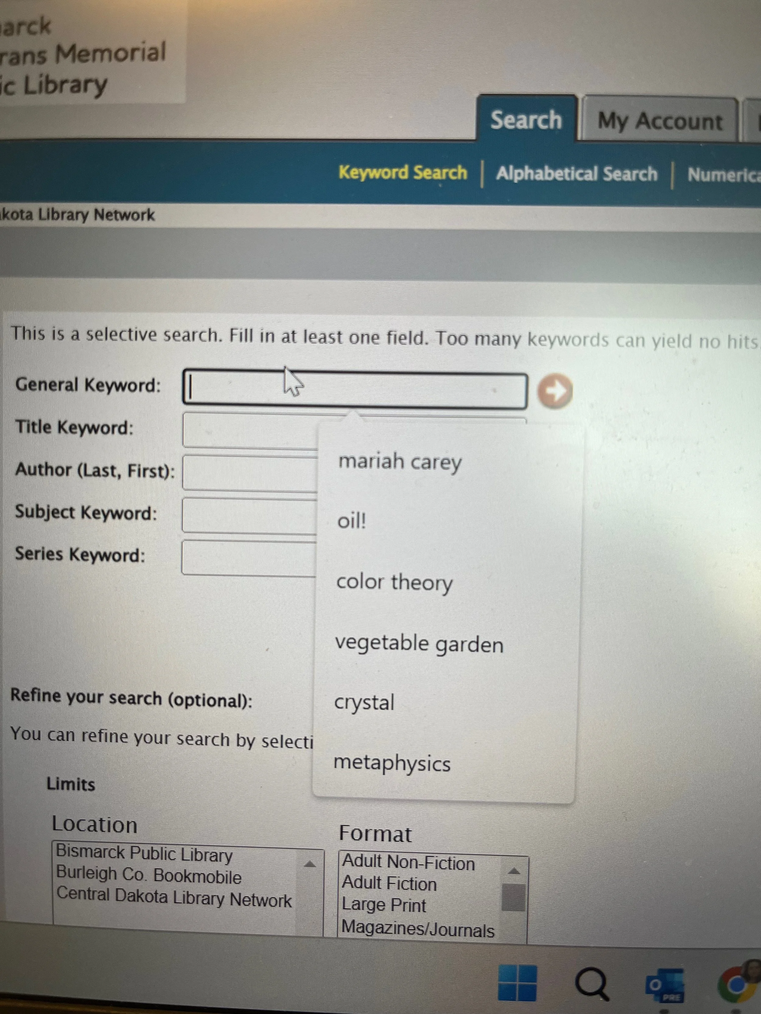 Screenshot of a library search webpage with search fields for keywords, author, subject, and series, showing example keywords like 'mariah carey,' 'oil!,' 'color theory,' 'vegetable garden,' 'crystal,' and 'metaphysics.'