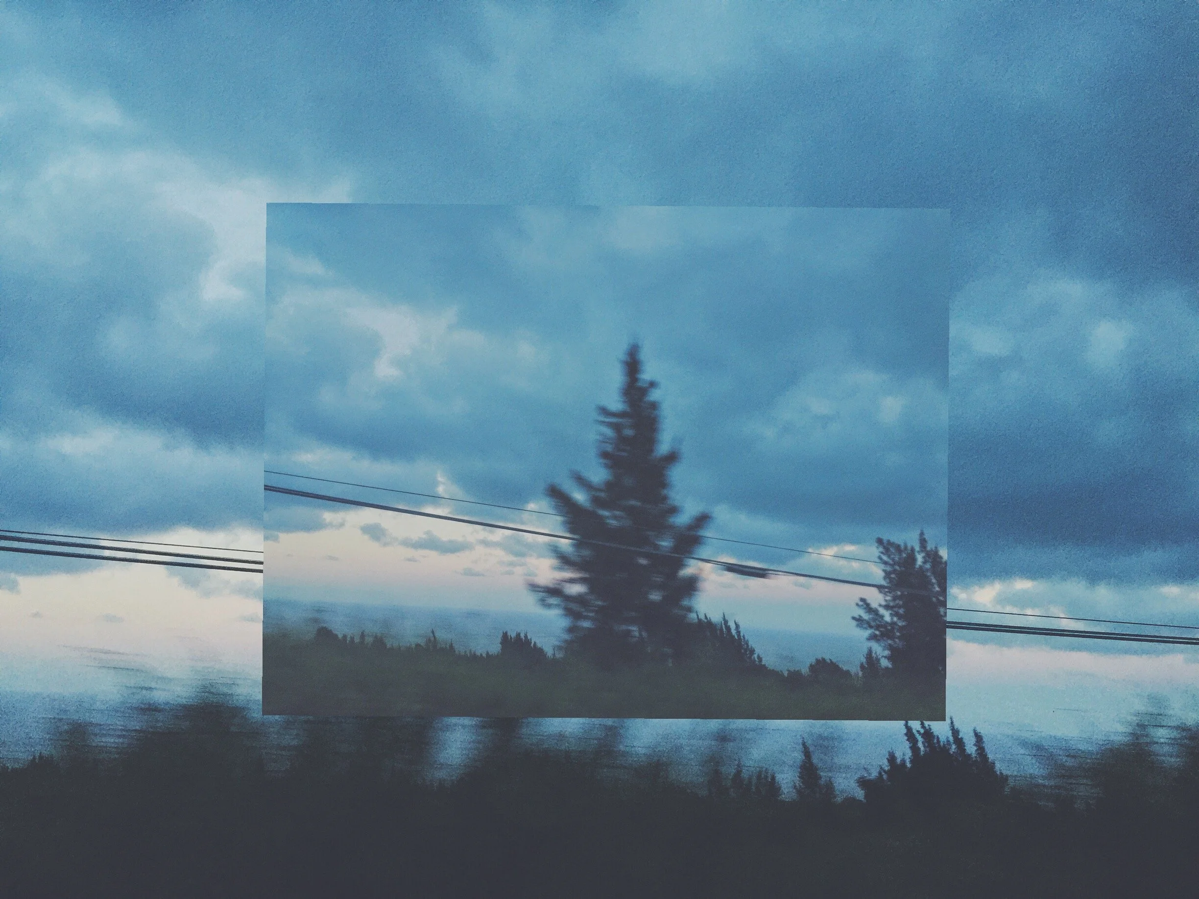 A landscape with a cloudy sky, a tall pine tree, power lines, and horizon with distant trees and mountains, with the image affected by digital distortion.