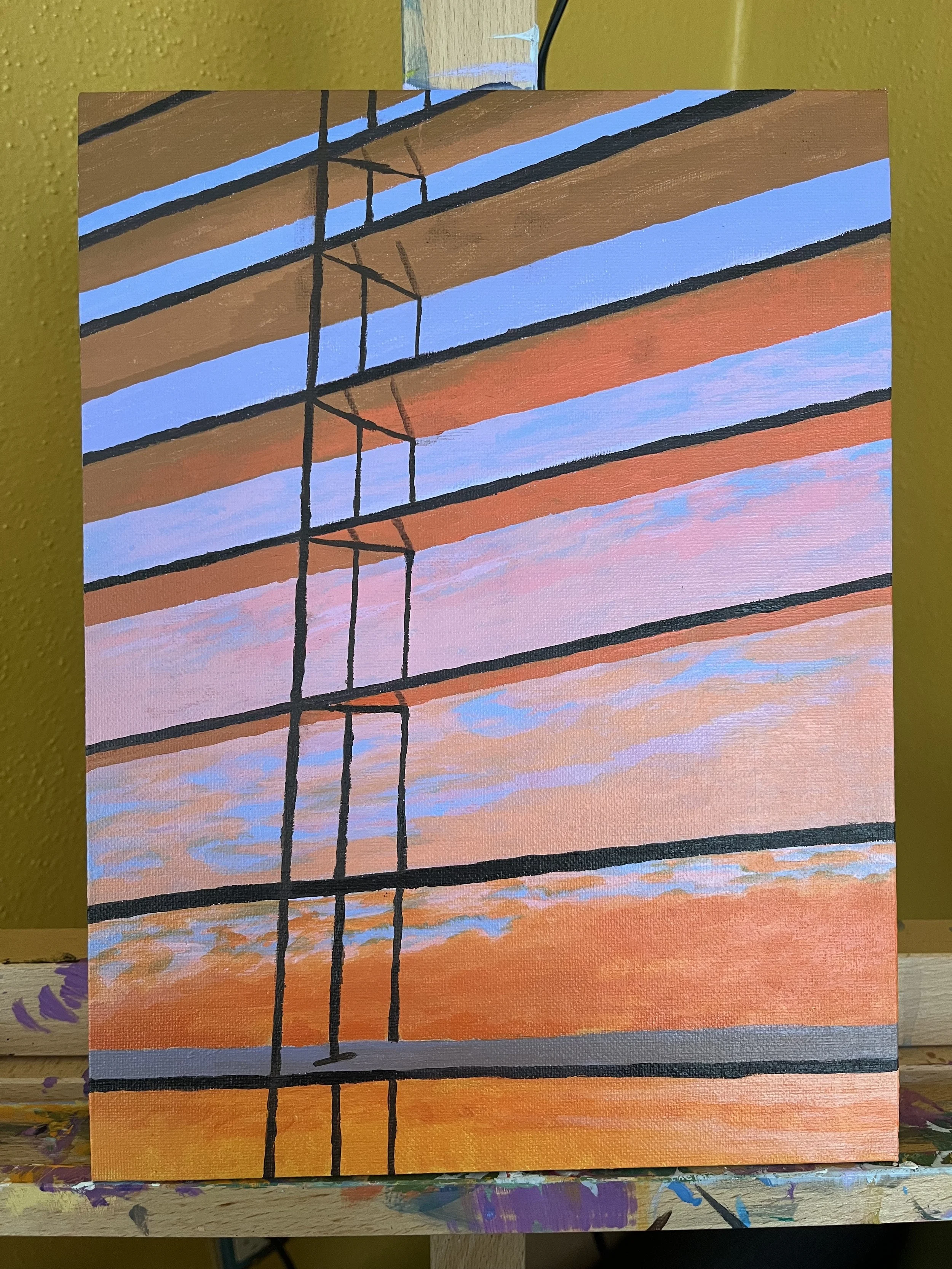 Painting depicting power lines against a sunset sky with pink, purple, and orange hues.
