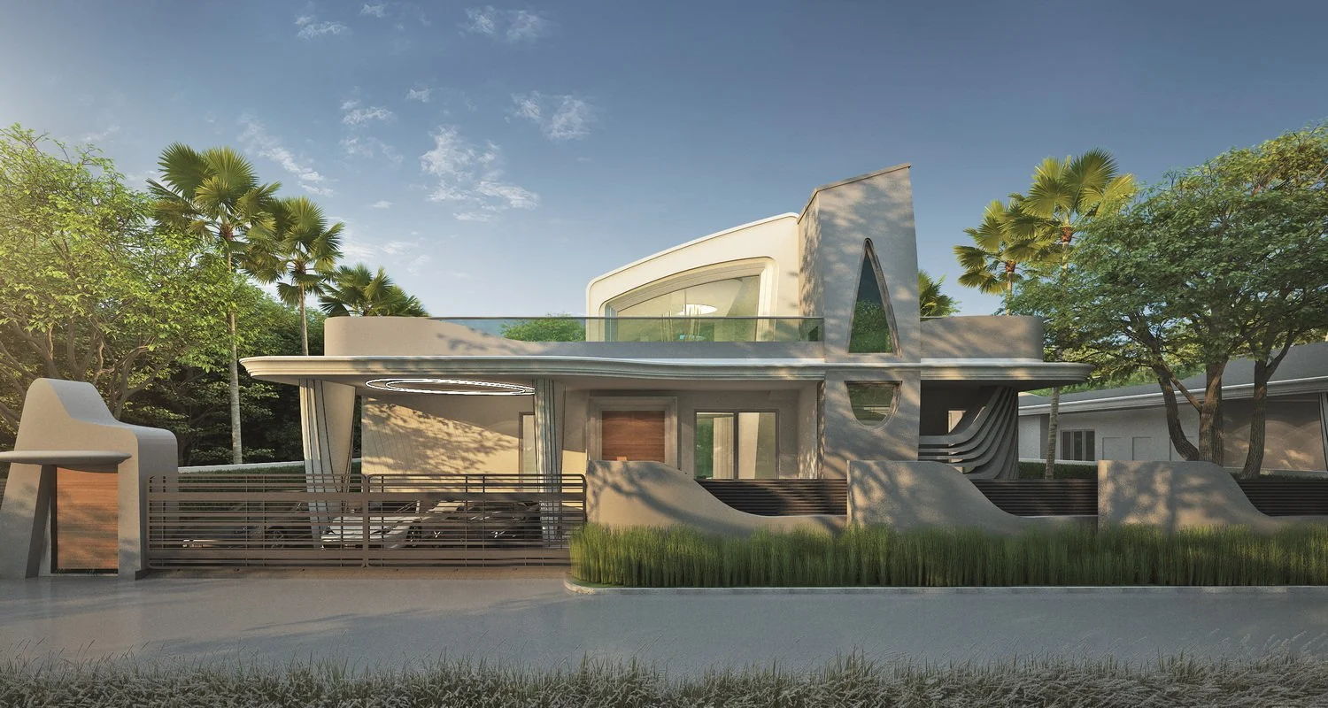 Modern house with curved architecture, surrounded by palm trees and greenery, under a clear blue sky.