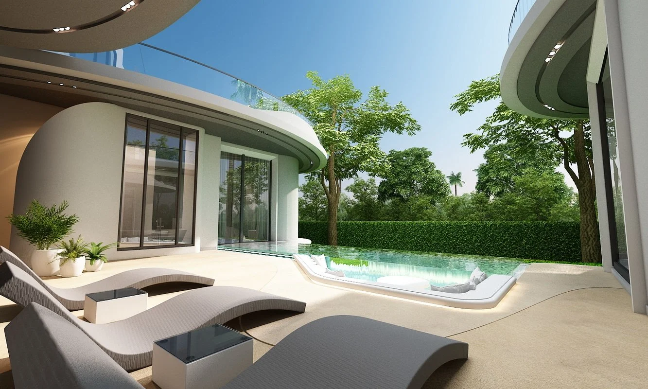 Modern house patio with lounge chairs, a small pool, and outdoor greenery under a clear sky.