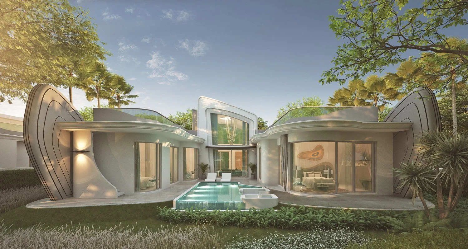 Modern futuristic house with a pool, surrounded by trees and greenery