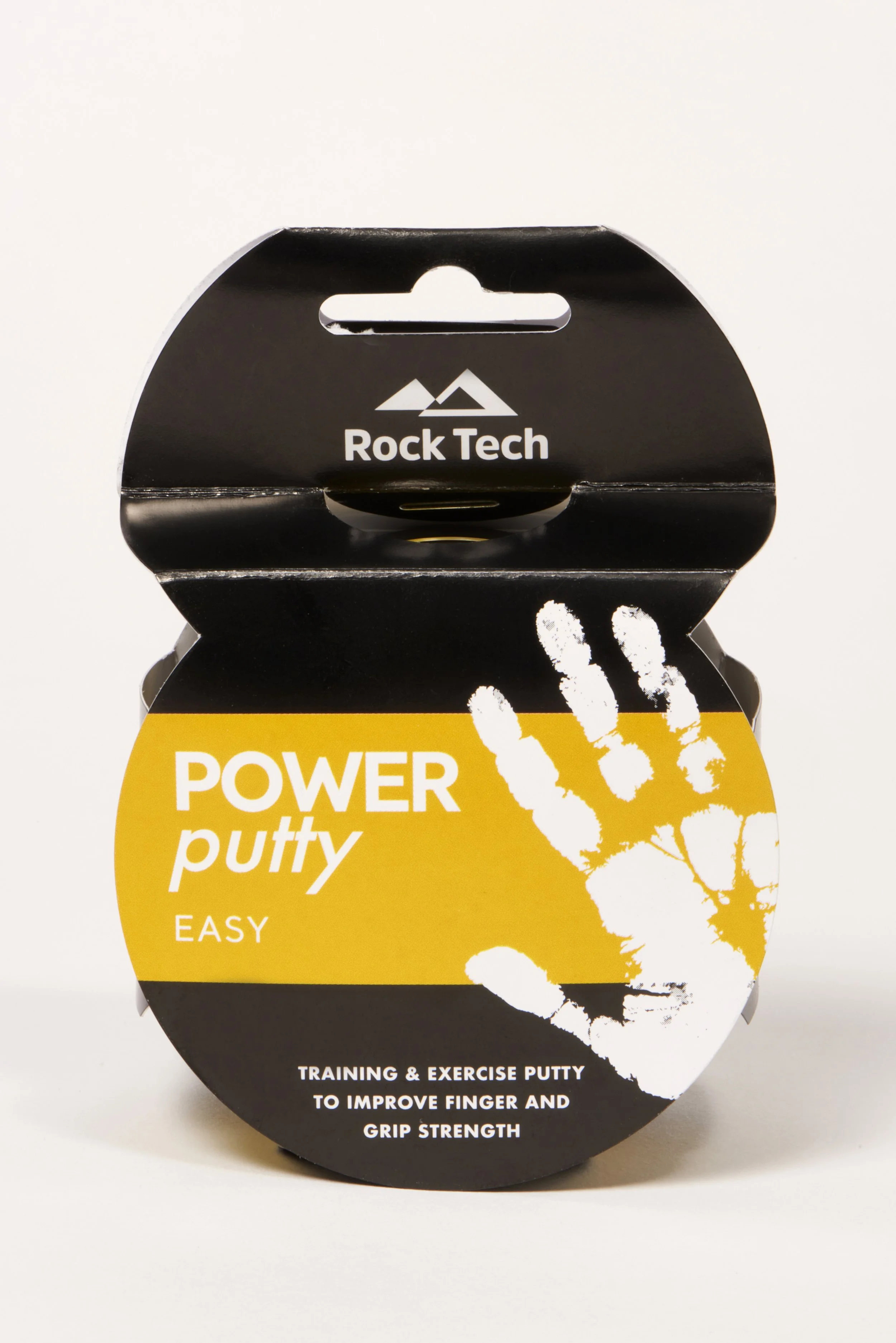 A container of Rock Tech Power Putty, a training and exercise putty for finger and grip strength, with a white handprint graphic on its yellow and black packaging.