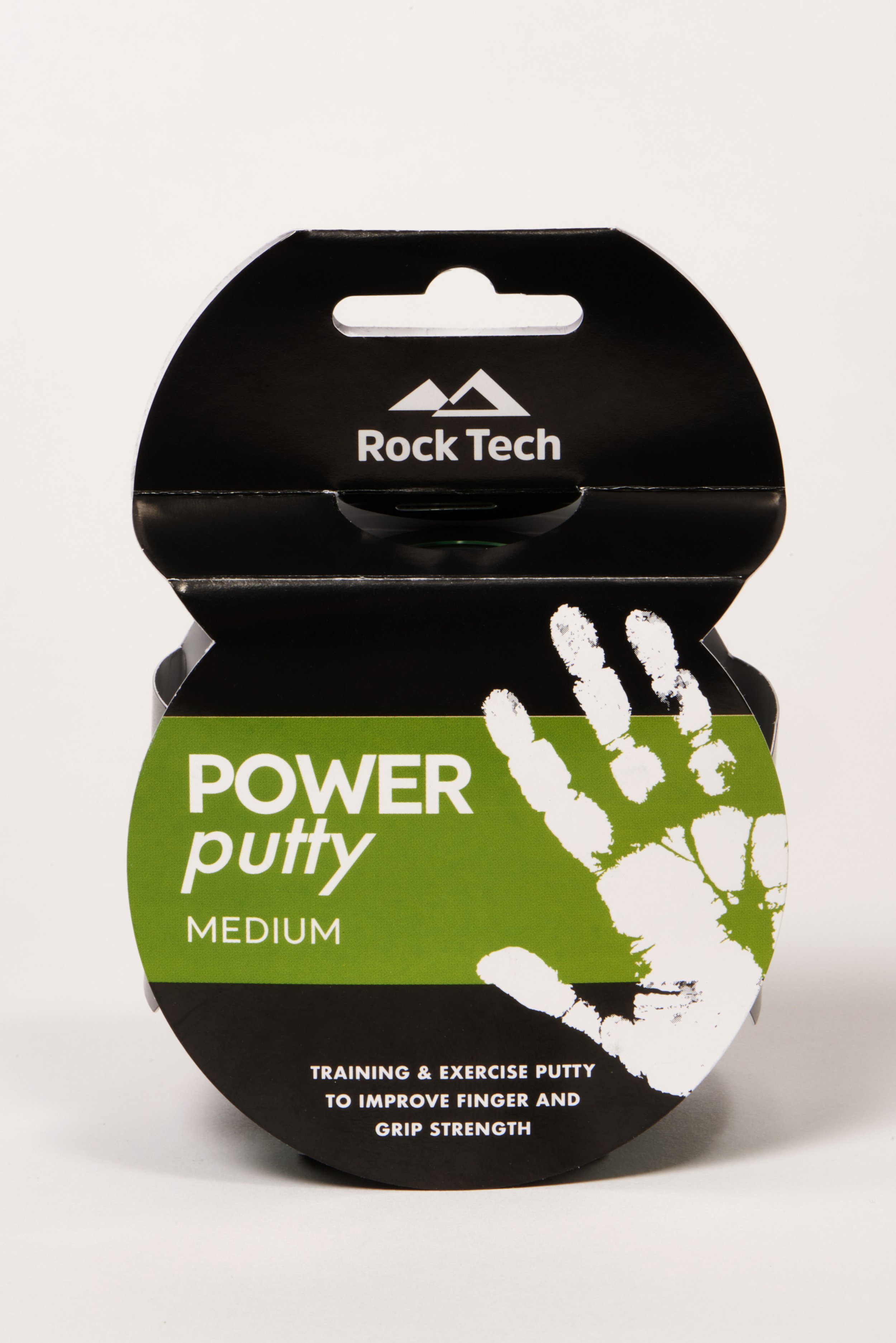 Black and green box of Rock Tech Power Putty Medium with a white handprint design and text about training and exercise putty.