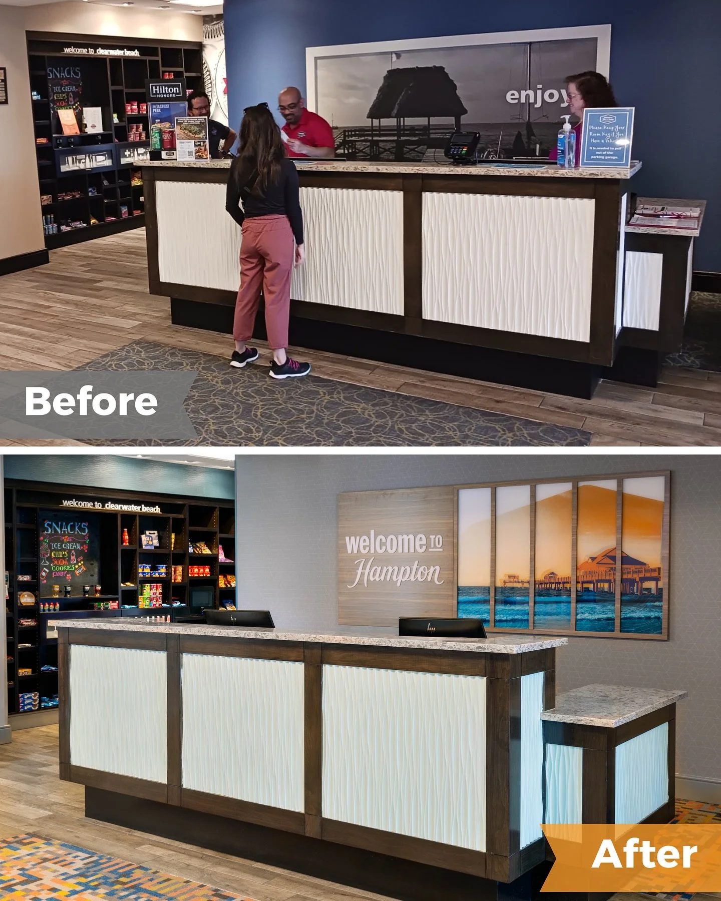 Take a peek at our latest hotel renovation 👀
Our team recently completed the soft renovation of this Hampton Inn in Clearwater, FL. We breathed new life into the public spaces and guestrooms with customizations through carpeting and artwork, refine