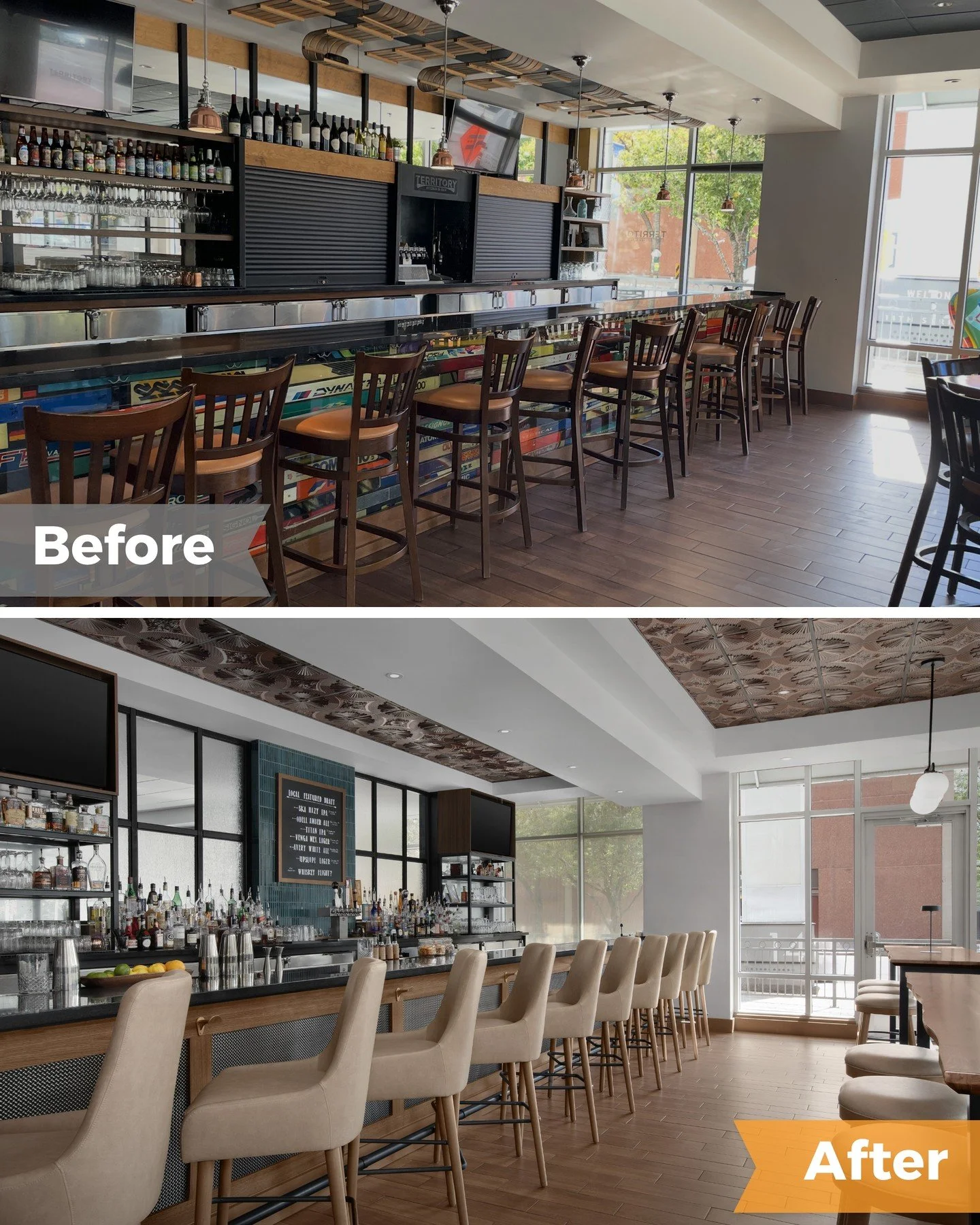 Explore the dramatic transformation of the Territory Kitchen &amp; Bar at the @HiltonGardenInn Downtown Denver, brought to life through a full PIP renovation.

// Before, the space featured vibrant patterns, traditional wooden chairs, and a casual am