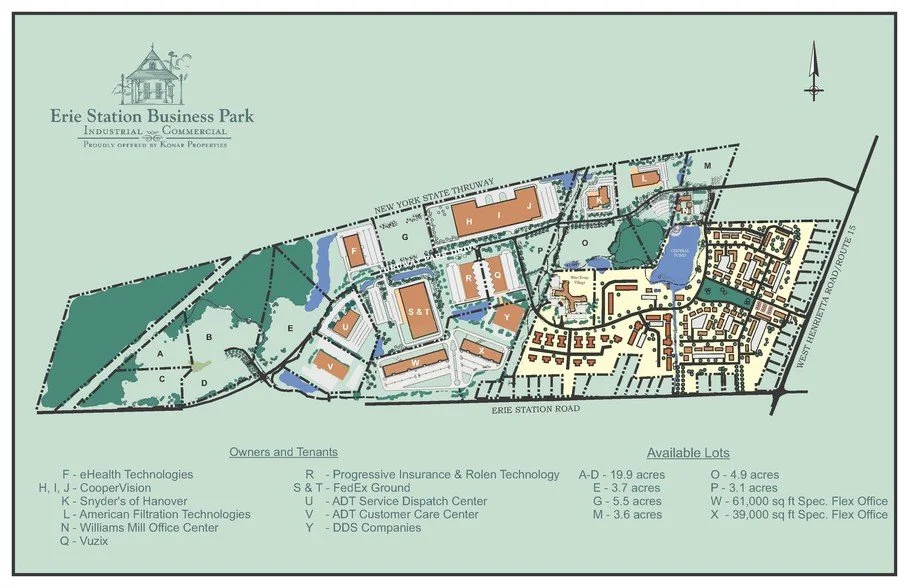 Map of Erie Station Business Park showing owners, tenants, and available lots with labels for buildings, roads, lakes, and green spaces.