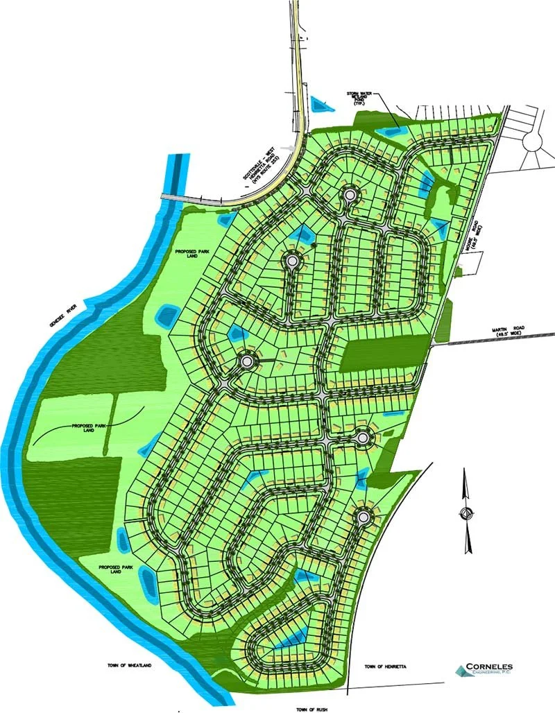 A detailed site plan for a residential neighborhood development, including streets, lots, water features, and parks.