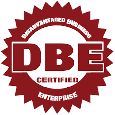 Badge with a maroon starburst shape containing the text 'Disadvantaged Business Certified Enterprise' and the initials 'DBE' in the center.