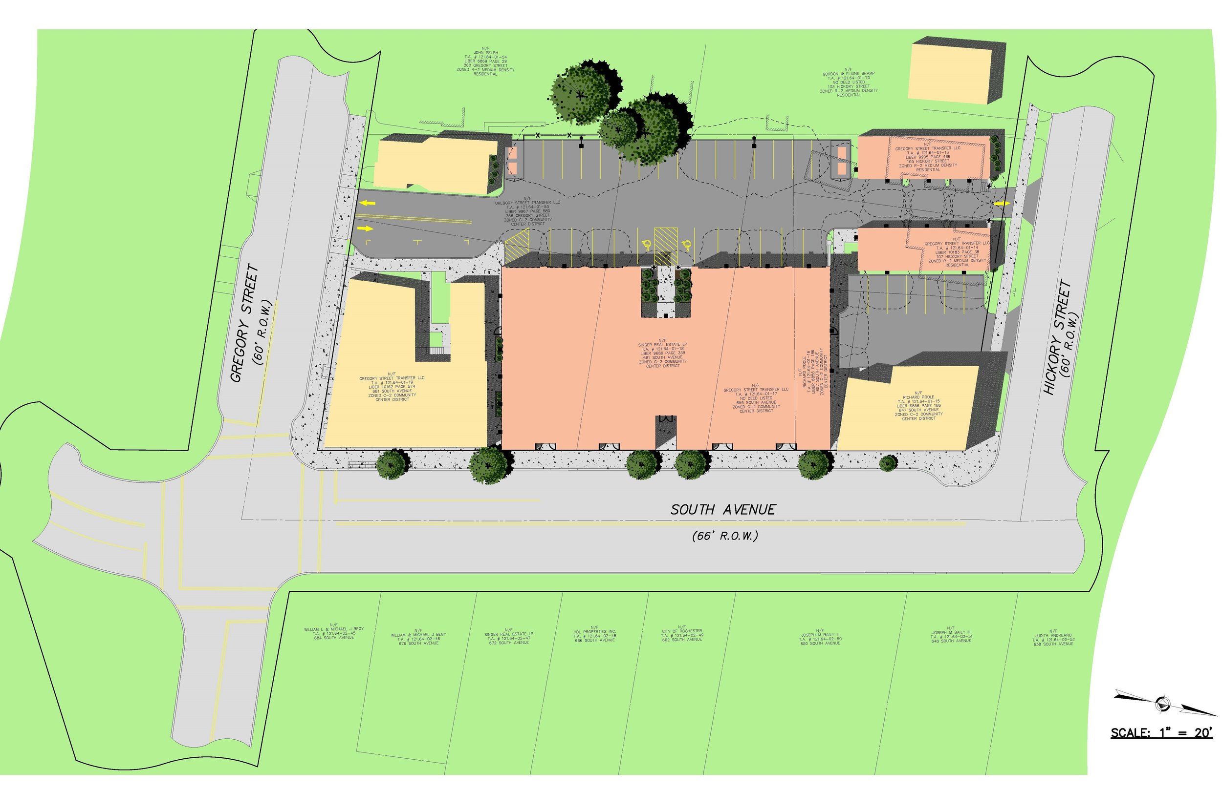 Site plan for a commercial development with labeled roads, parking lots, buildings, and landscaping details.