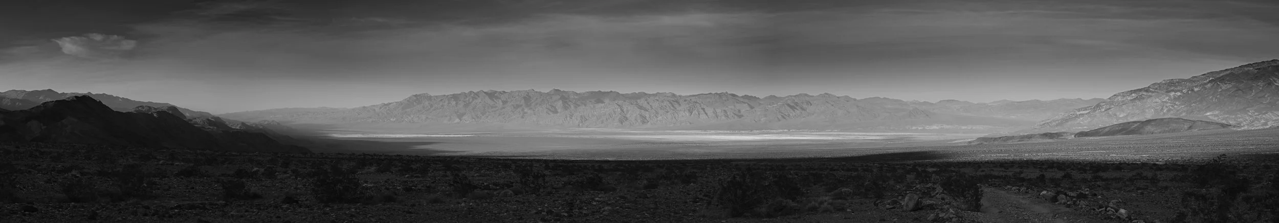  11 shot pano of the Nitre Beds, Stovepipe Wells, and Mesquite Dunes taken from Lemoigne Canyon Road. 