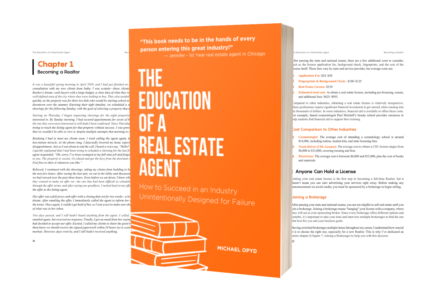 Cover of the book titled 'The Education of a Real Estate Agent' by Michael OpyD, with an orange background, white text, and a stack of books illustration at the bottom.