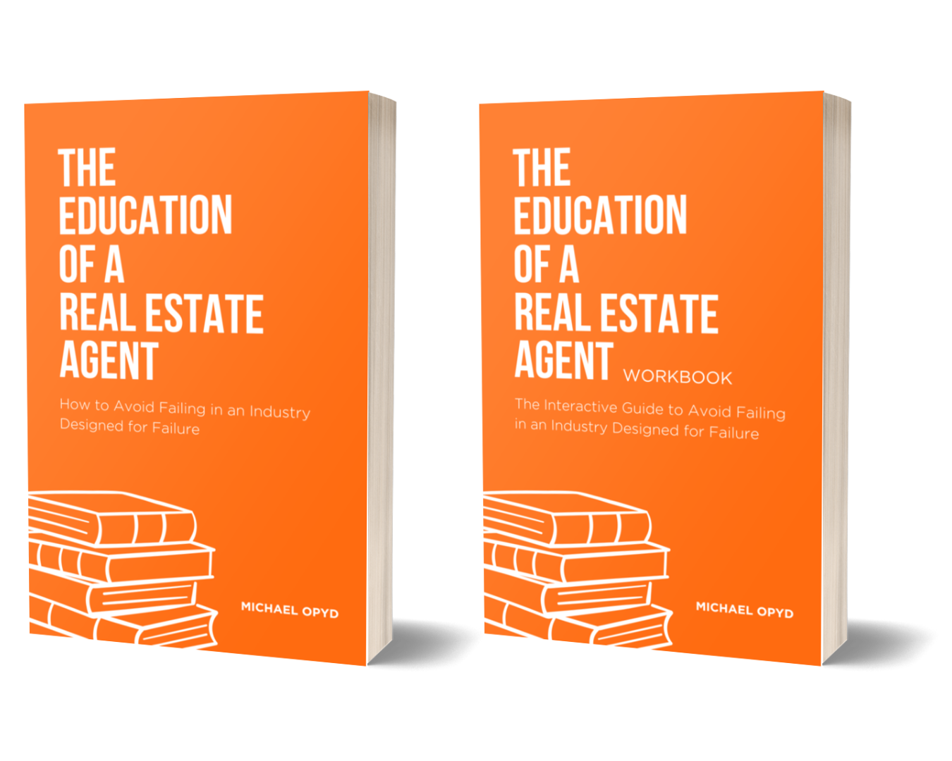 Book and workbook titled 'The Education of a Real Estate Agent' by Michael Opyd, with orange covers and a white book illustration.