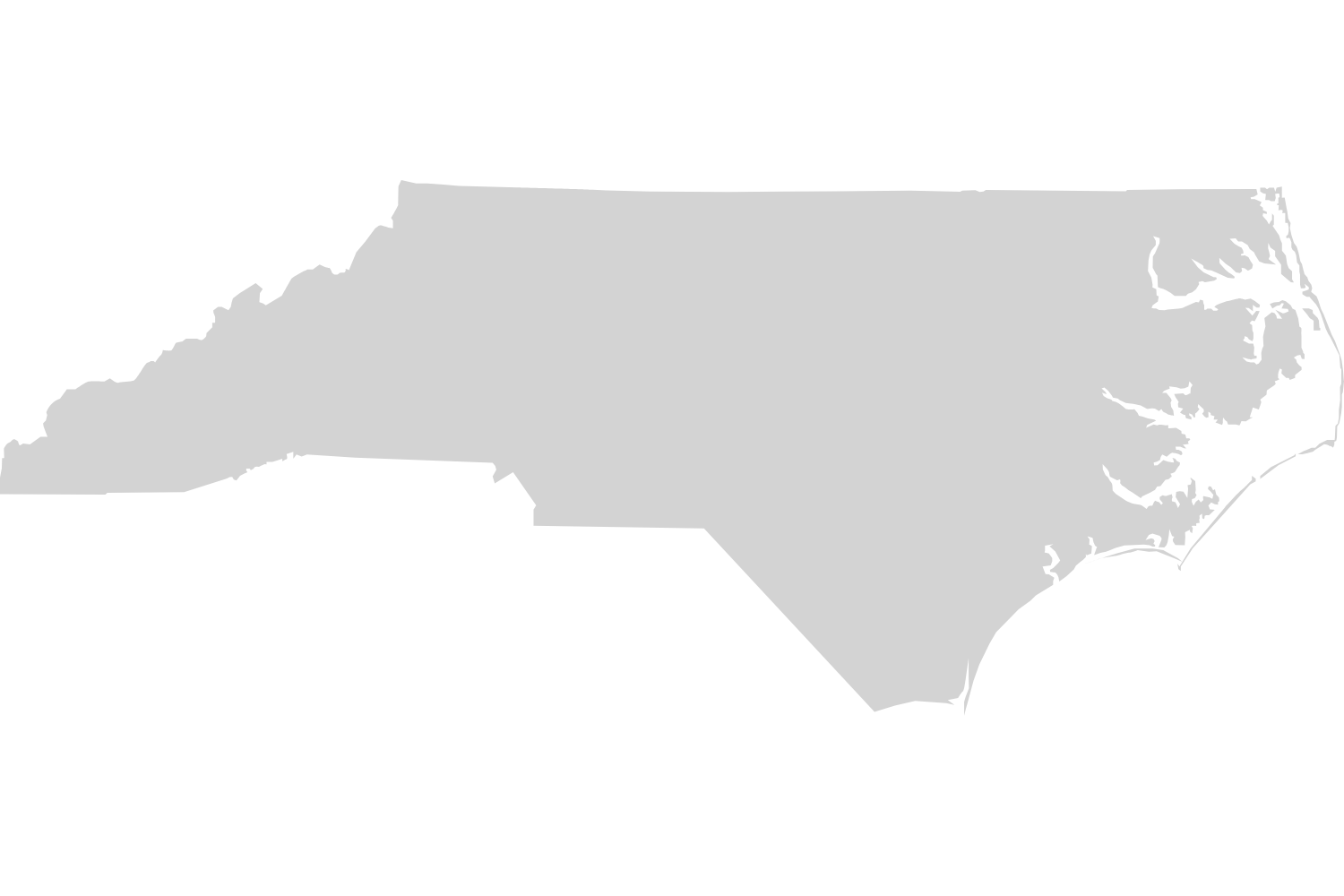 Gray silhouette of the state of North Carolina with a detailed outline of its shape and coastlines.