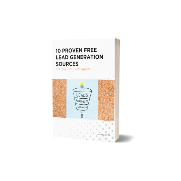 Book titled '10 Proven Free Lead Generation Sources for New Real Estate Agents' with a simple illustration of a funnel labeled leads, prospects, customers, and dollar sign.