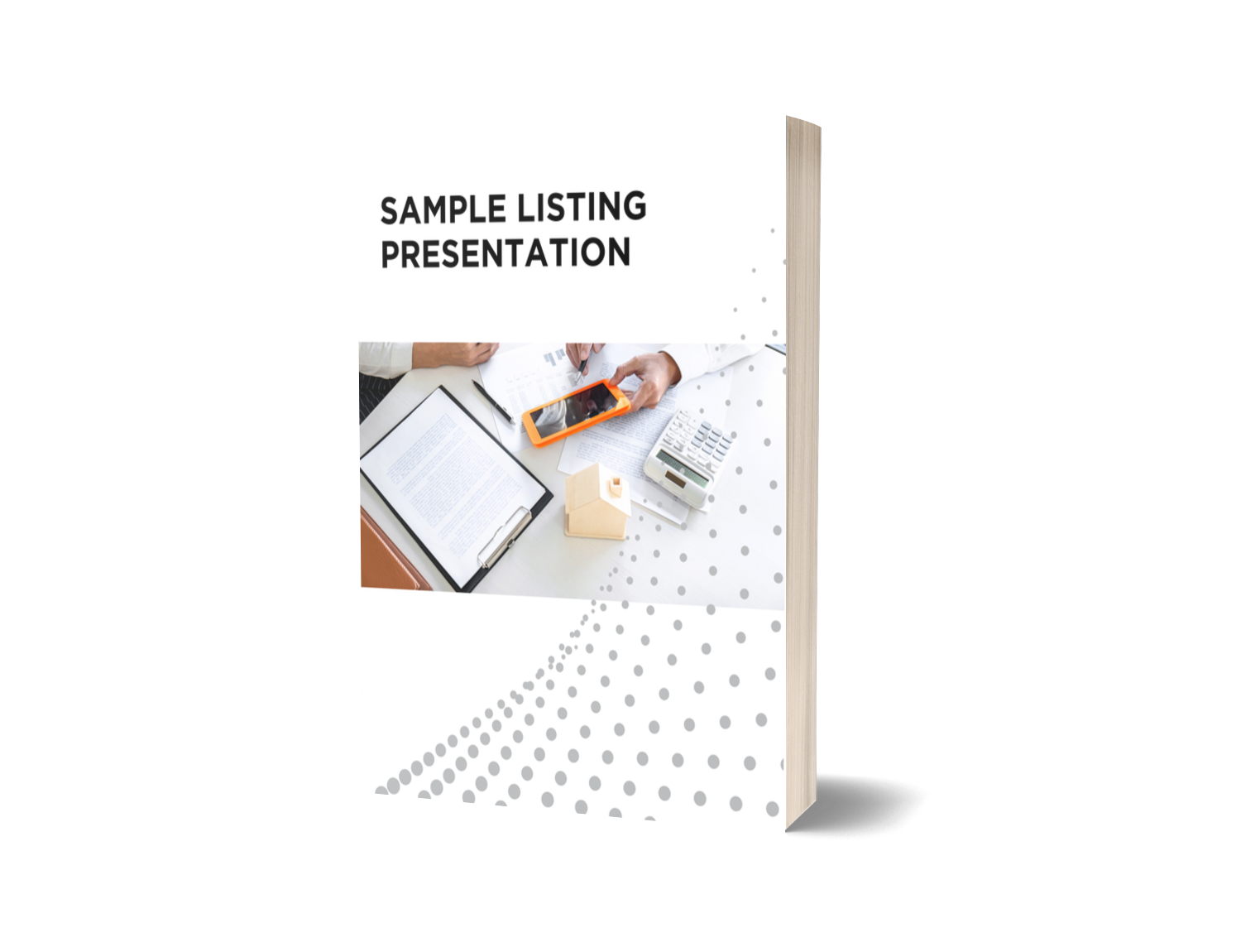 A book titled 'Sample Listing Presentation' with an image of a person using a calculator and smartphone on a desk.