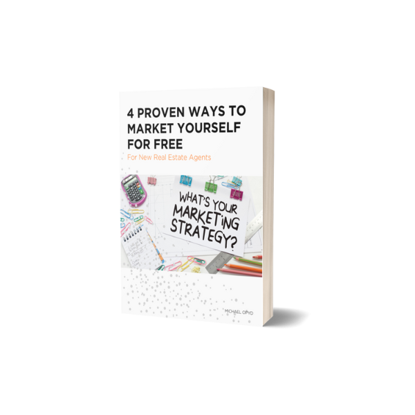 Book titled '4 Proven Ways to Market Yourself for Free' with the subtitle 'What's Your Marketing Strategy?' on the cover, featuring office supplies and notes.