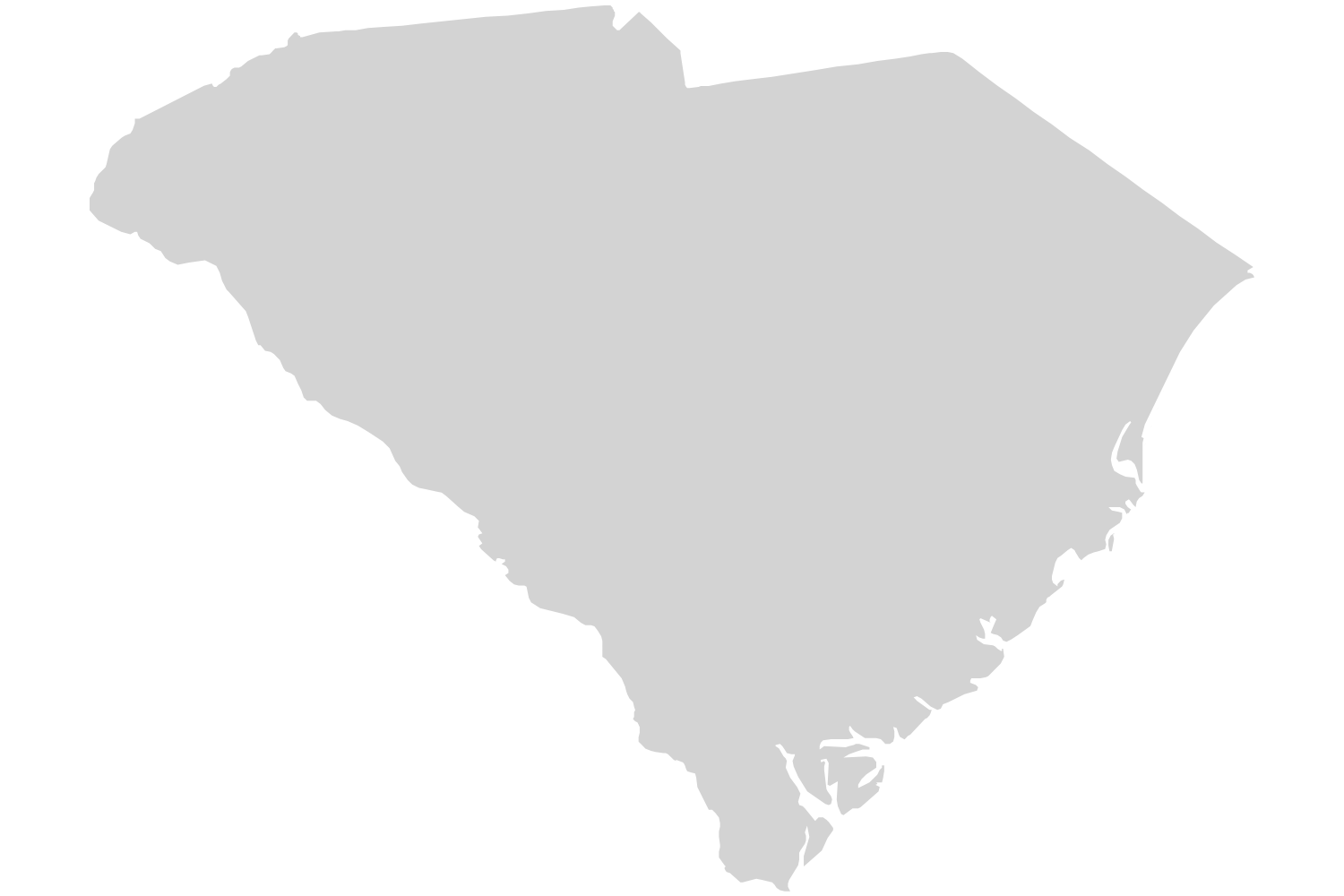 Silhouette map of South Carolina in gray with black background.
