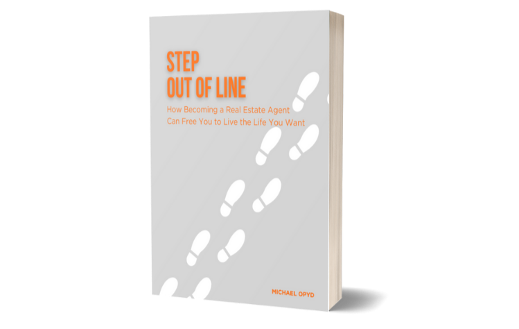 Book cover titled 'Step Out of Line' by Michael Opydo with white footprints on a light background.