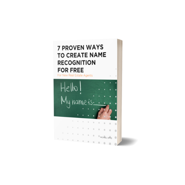 Book titled '7 Proven Ways to Create Name Recognition for Free for New Real Estate Agents' featuring a chalkboard with 'Hello! My name is' and a hand writing on it.
