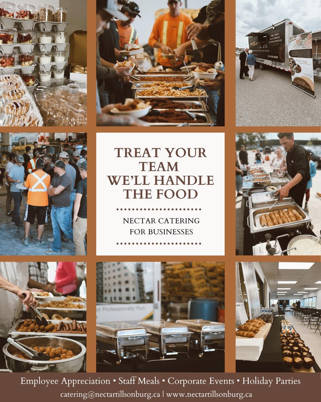 Nectar Catering for YOUR business! 

Nectar will cater to all of your needs from employee appreciation lunches to staff meals to holiday parties and more! 🤎🍂🍇

We can do a buffet dinner, food truck snack, or drop off lunch. 

Email us at catering@
