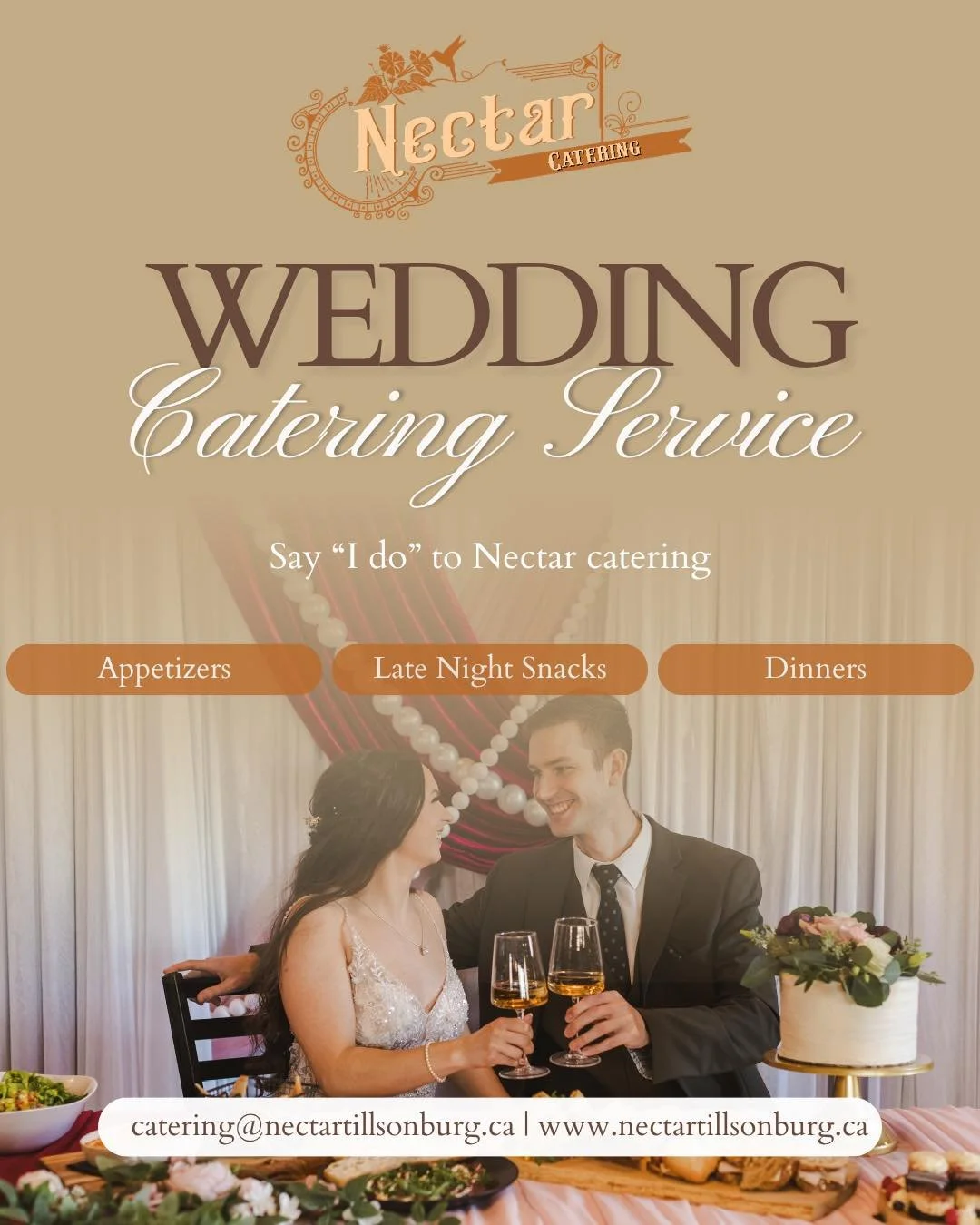 ATTENTION ALL WEDDING PLANNERS 💍❤️ 

Nectar Catering offers the PERFECT services for your special day. We will customize a menu with you for your appetizer, main meal, or late night snack🍽️🥂

Place a hold on your date now! 📅

Click the link in ou