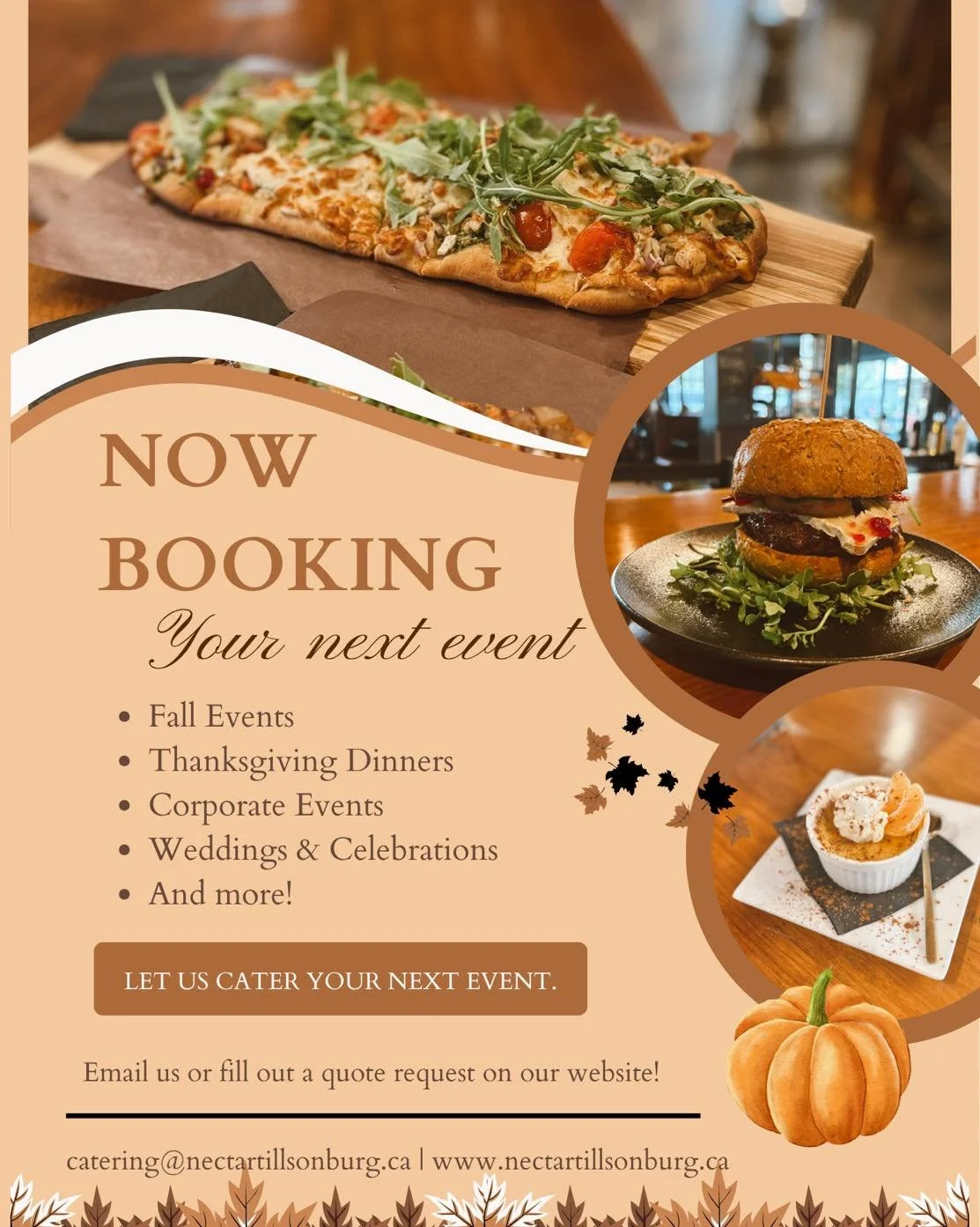 Fall gatherings are better with good food🍂🍽️

From small, cozy gatherings to large celebrations, we are here to make your next event delicious and memorable! 

Email: catering@nectartillsonburg.ca for inquiries and more information!

Website: link 