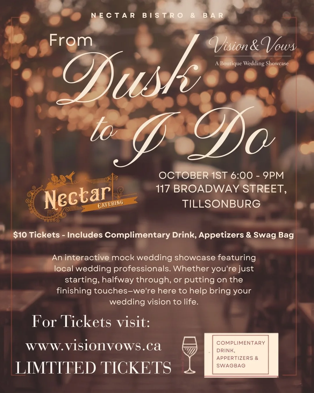 ✨ FROM DUSK TO &ldquo;I DO&rdquo; ✨

Join us at Nectar Bistro &amp; Bar for Vision &amp; Vows, a boutique wedding showcase featuring local wedding professionals!

Come see what&rsquo;s possible for your big day, connect with local vendors, and enjoy 