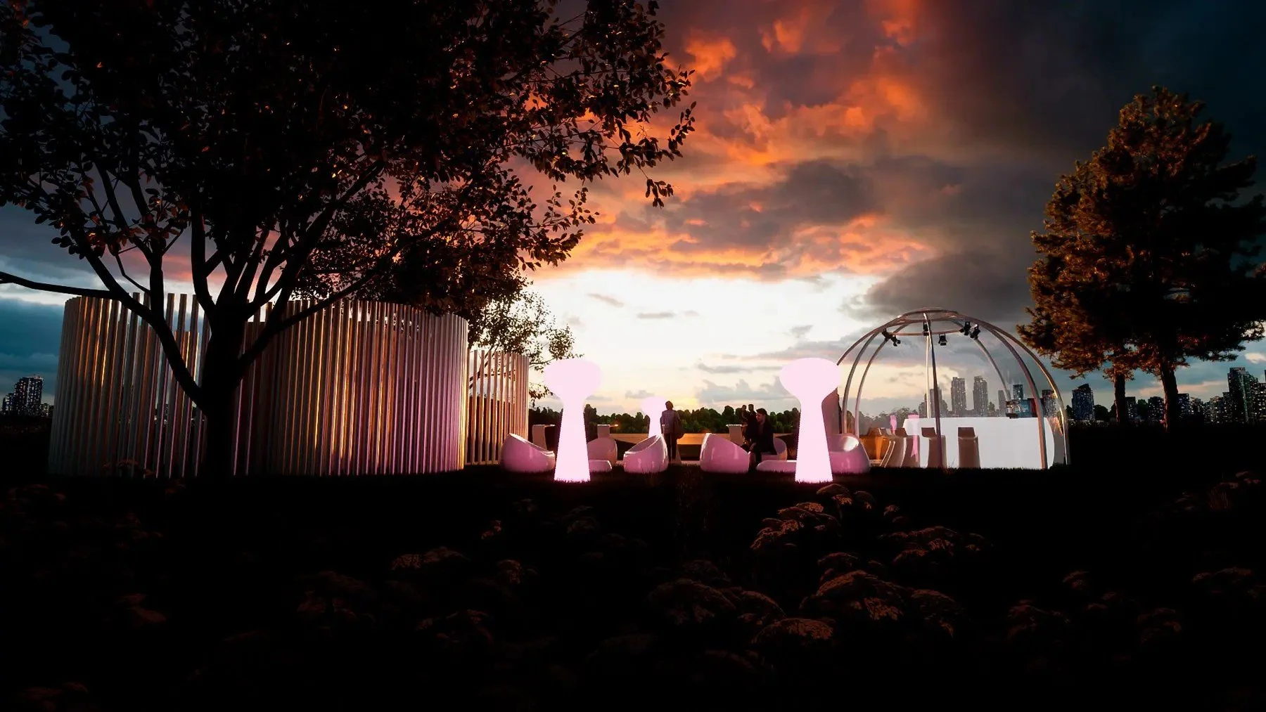 Escenario exterior futurista con estructuras glow, rodeado de árboles y un cielo con nubes y colores del atardecer, en una ciudad moderna al fondo.
