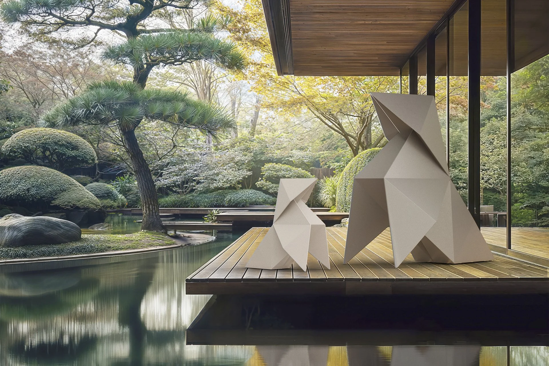 Diseno de esculturas geométricas en un muelle de madera junto a un estanque con vegetacion de jardin japonés